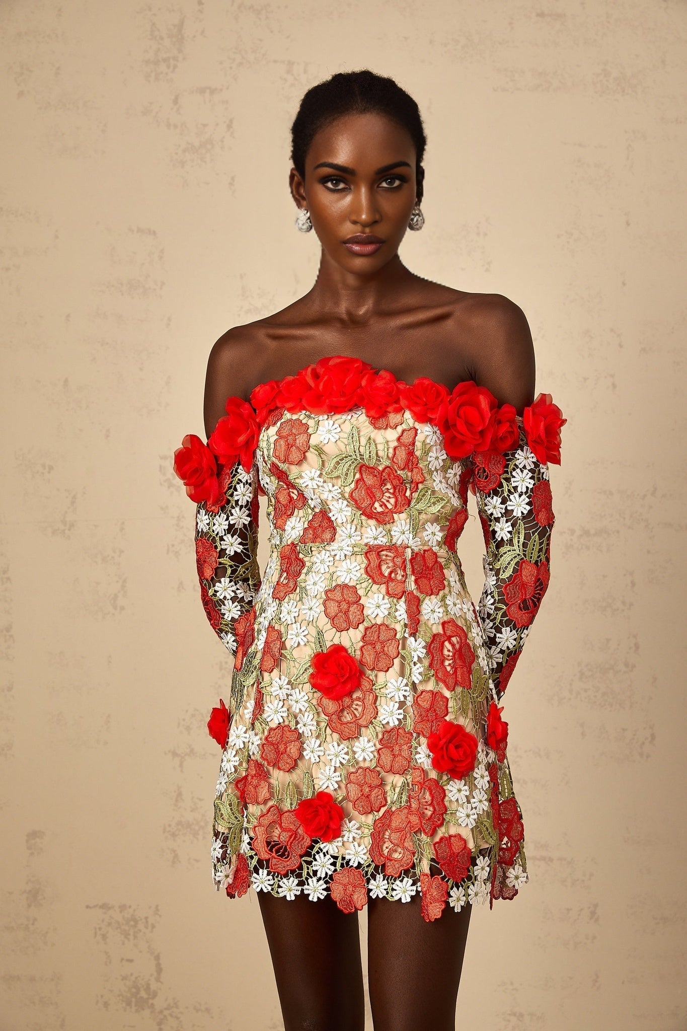 Anaya Womens Red Rose Appliqué Embroidered Mini Dress