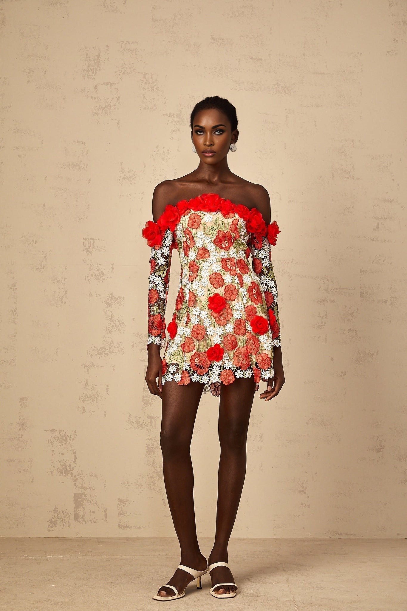Anaya Womens Red Rose Appliqué Embroidered Mini Dress