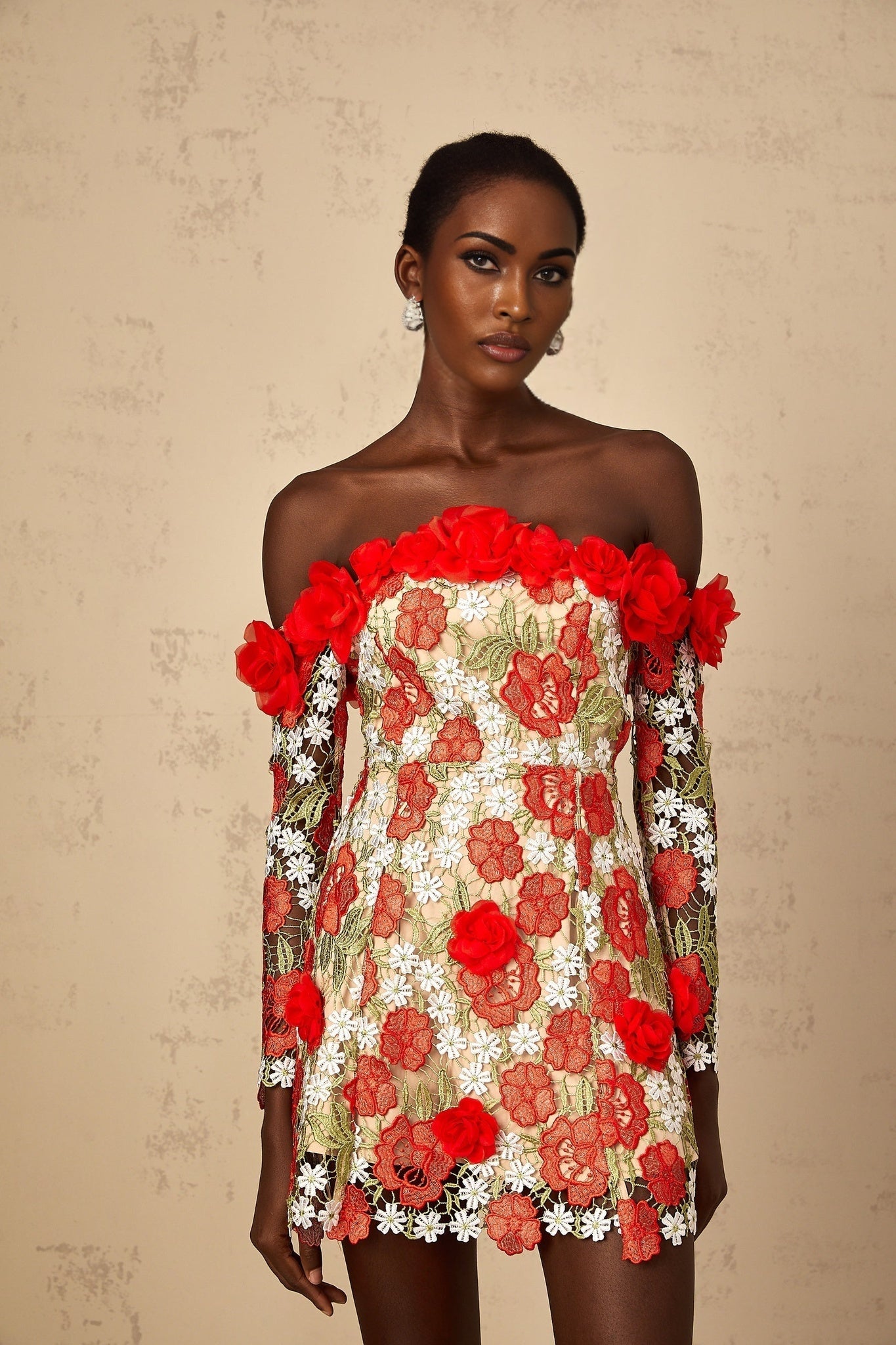 Anaya Womens Red Rose Appliqué Embroidered Mini Dress