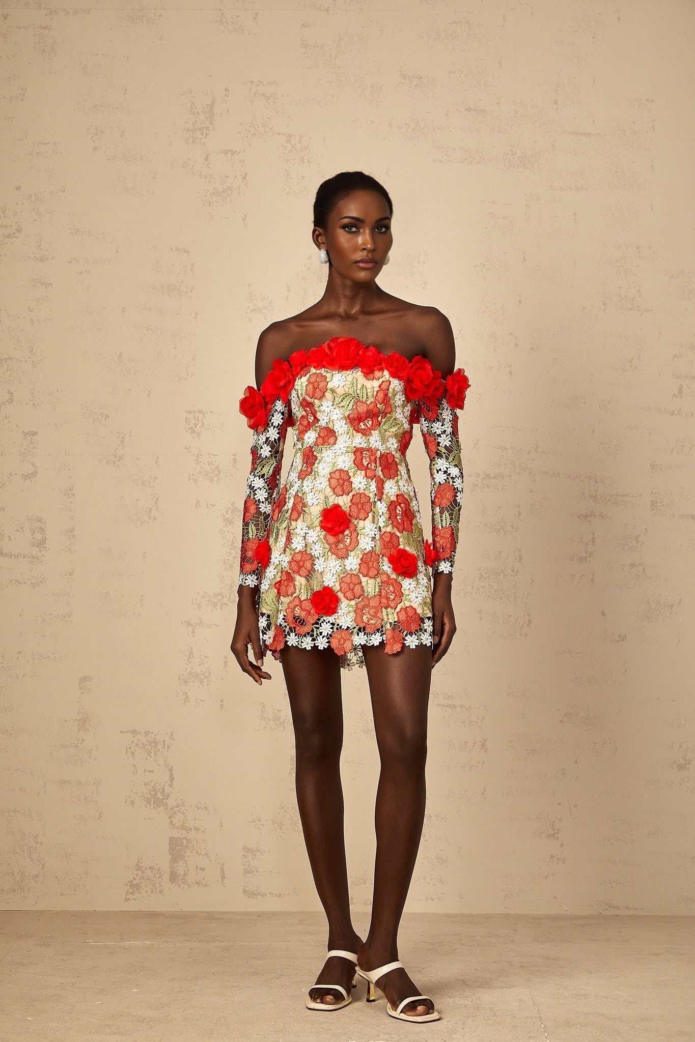 Anaya Womens Red Rose Appliqué Embroidered Mini Dress