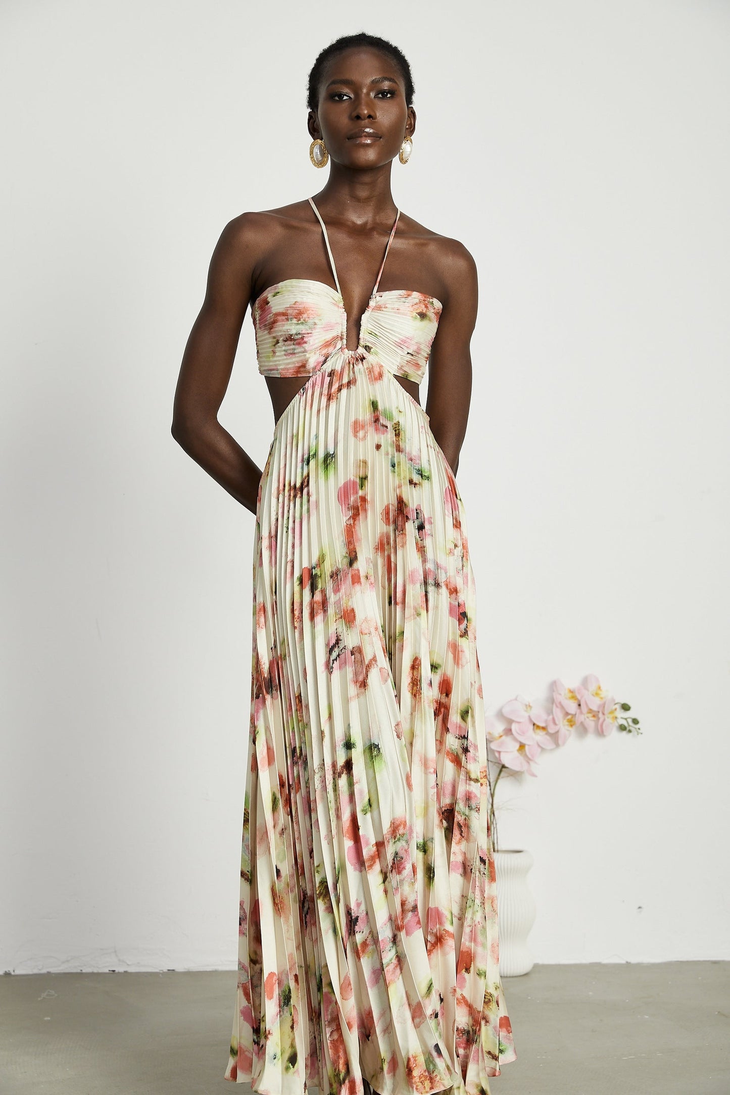 Andréa cutout floralprint pleated maxi dress