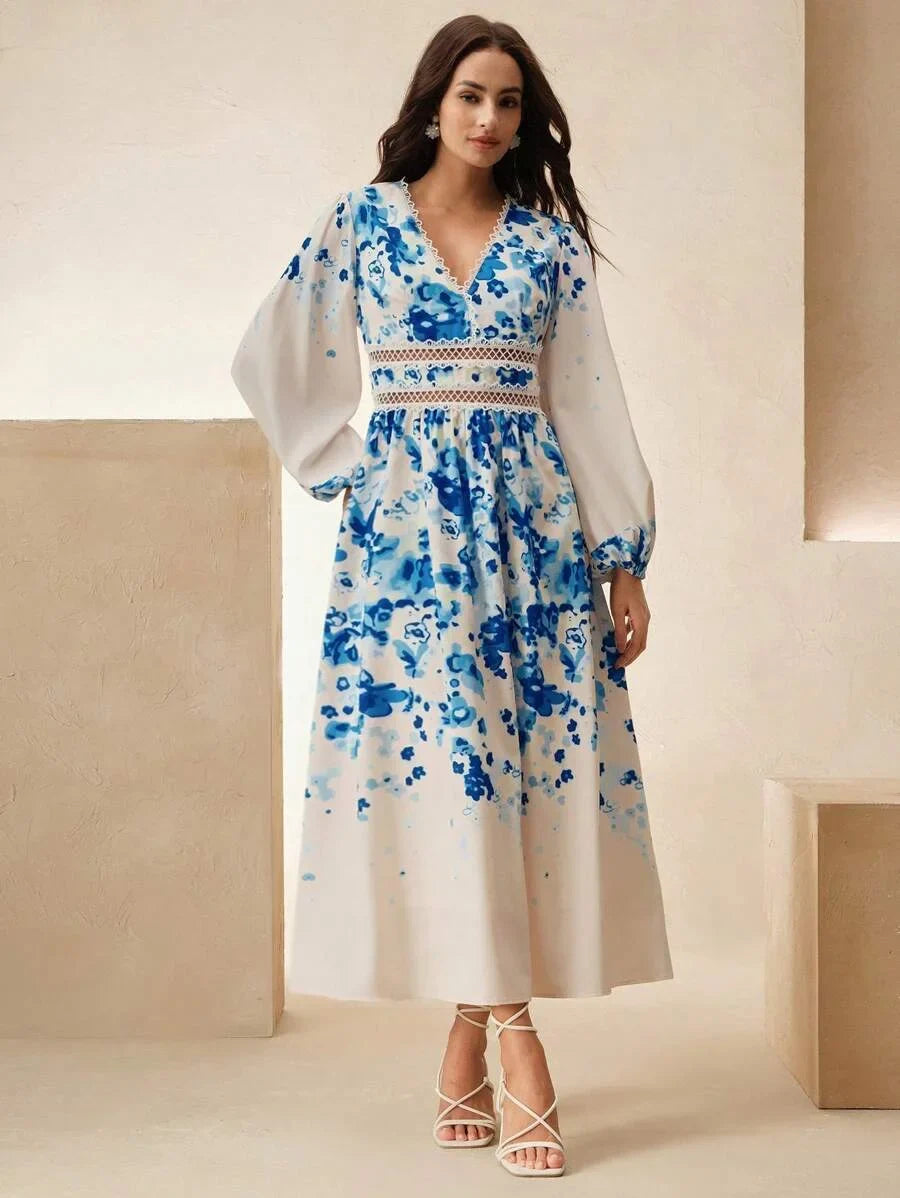 Anewsta Womens VNeck Long Sleeve Simple Pink Valentines Day ALine Long Dress Floral Dress