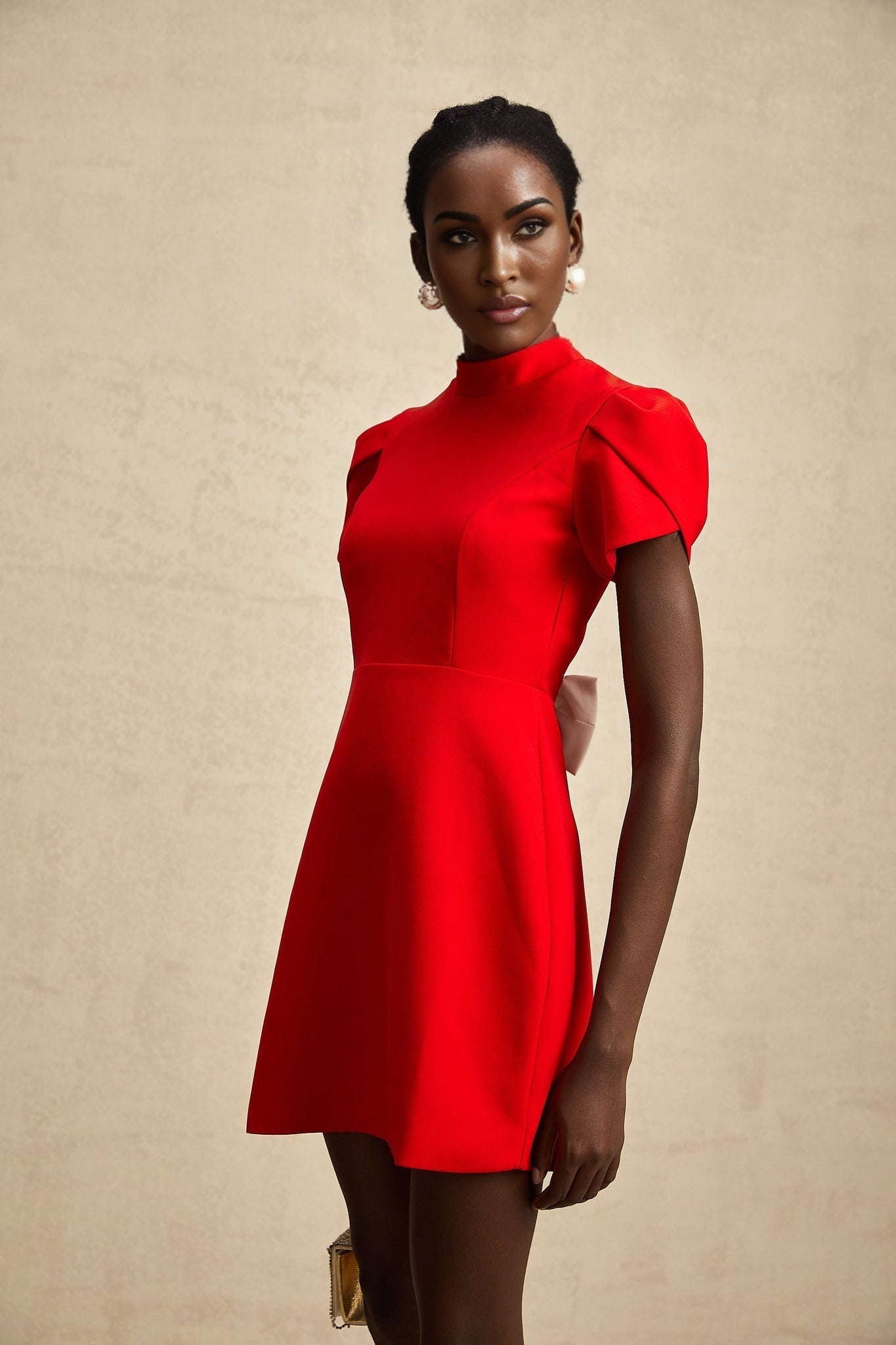 Anna red petalsleeve cutout bow mini dress