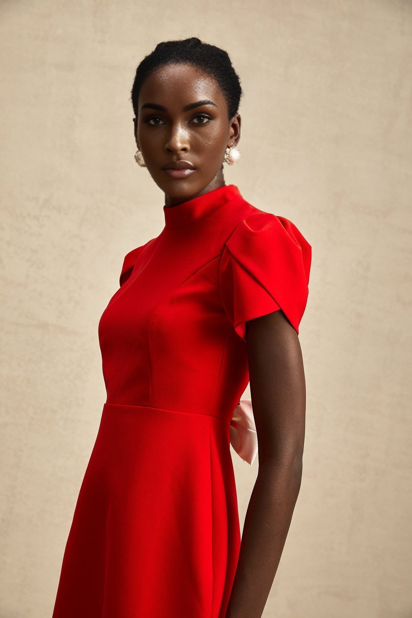 Anna red petalsleeve cutout bow mini dress