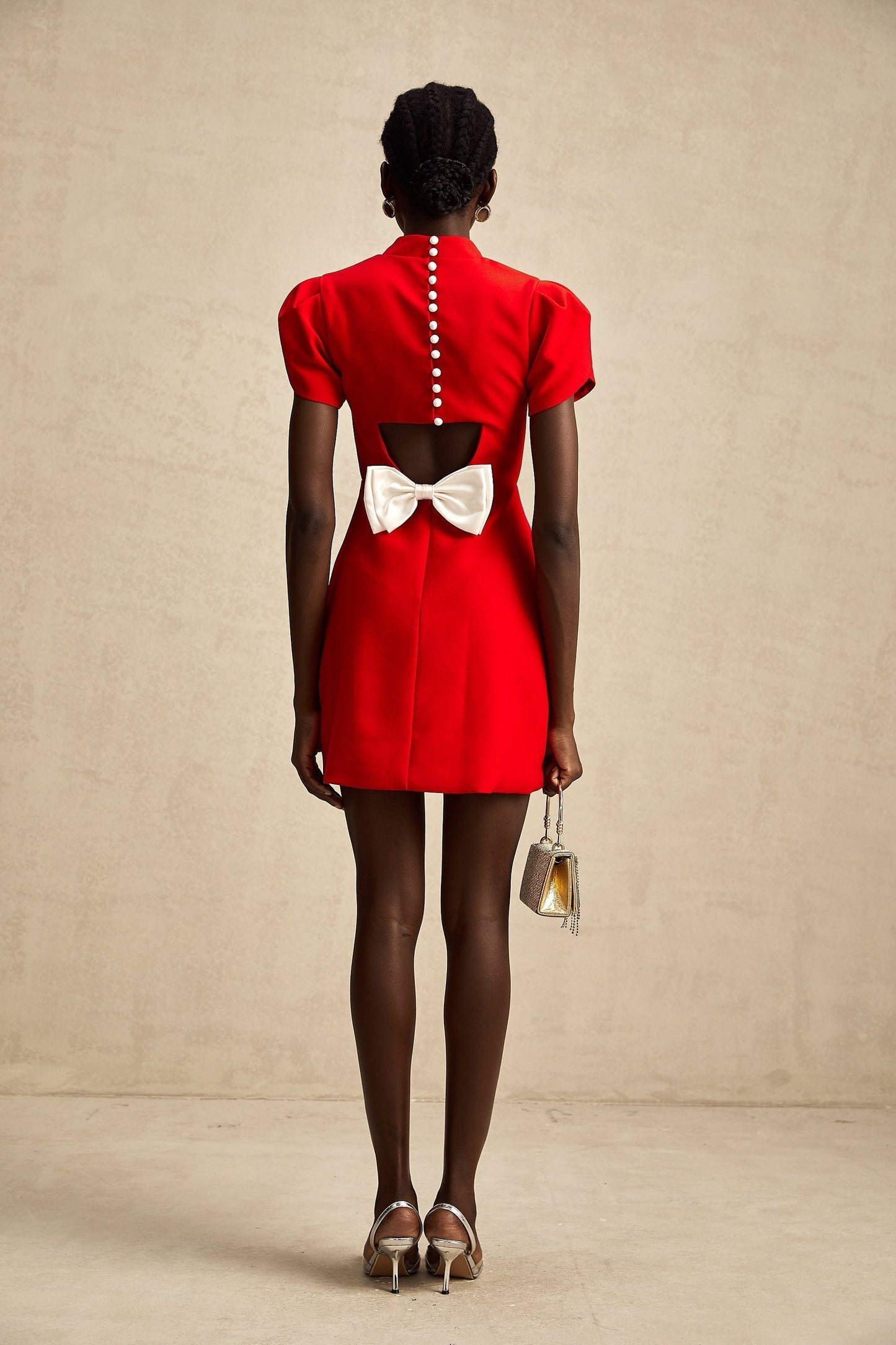 Anna red petalsleeve cutout bow mini dress
