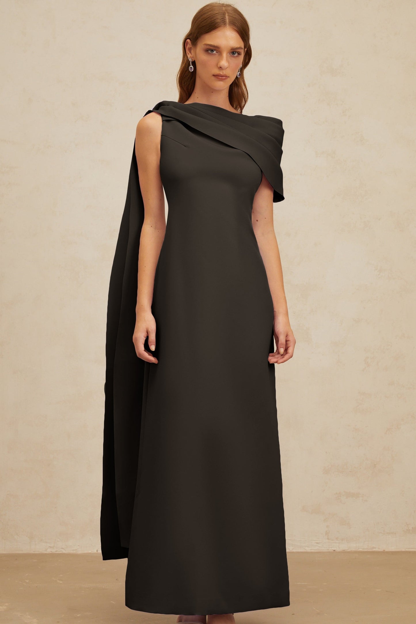 Annabelle Black CapeDesign Ribbon Maxi Dress