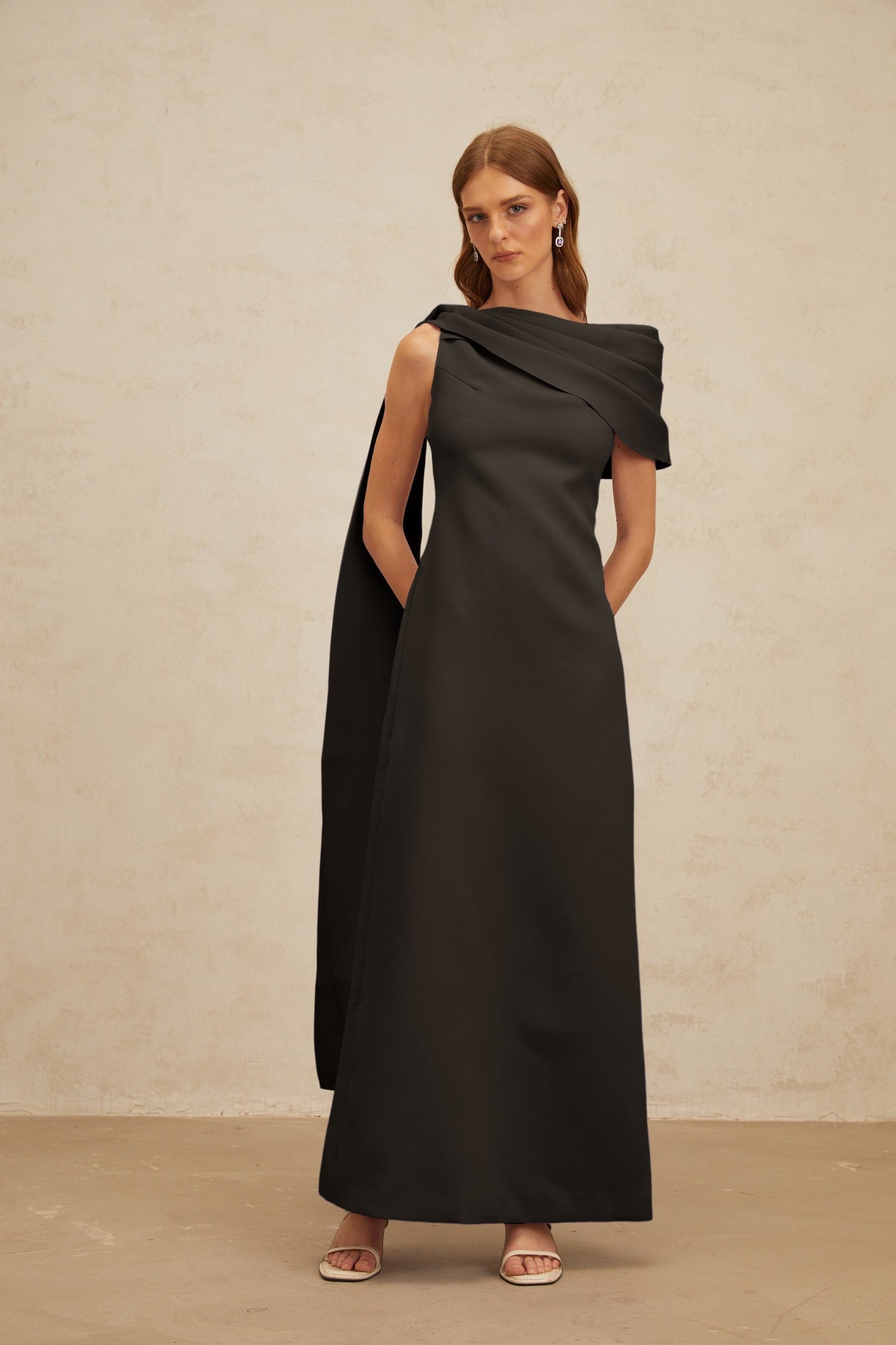 Annabelle Black CapeDesign Ribbon Maxi Dress