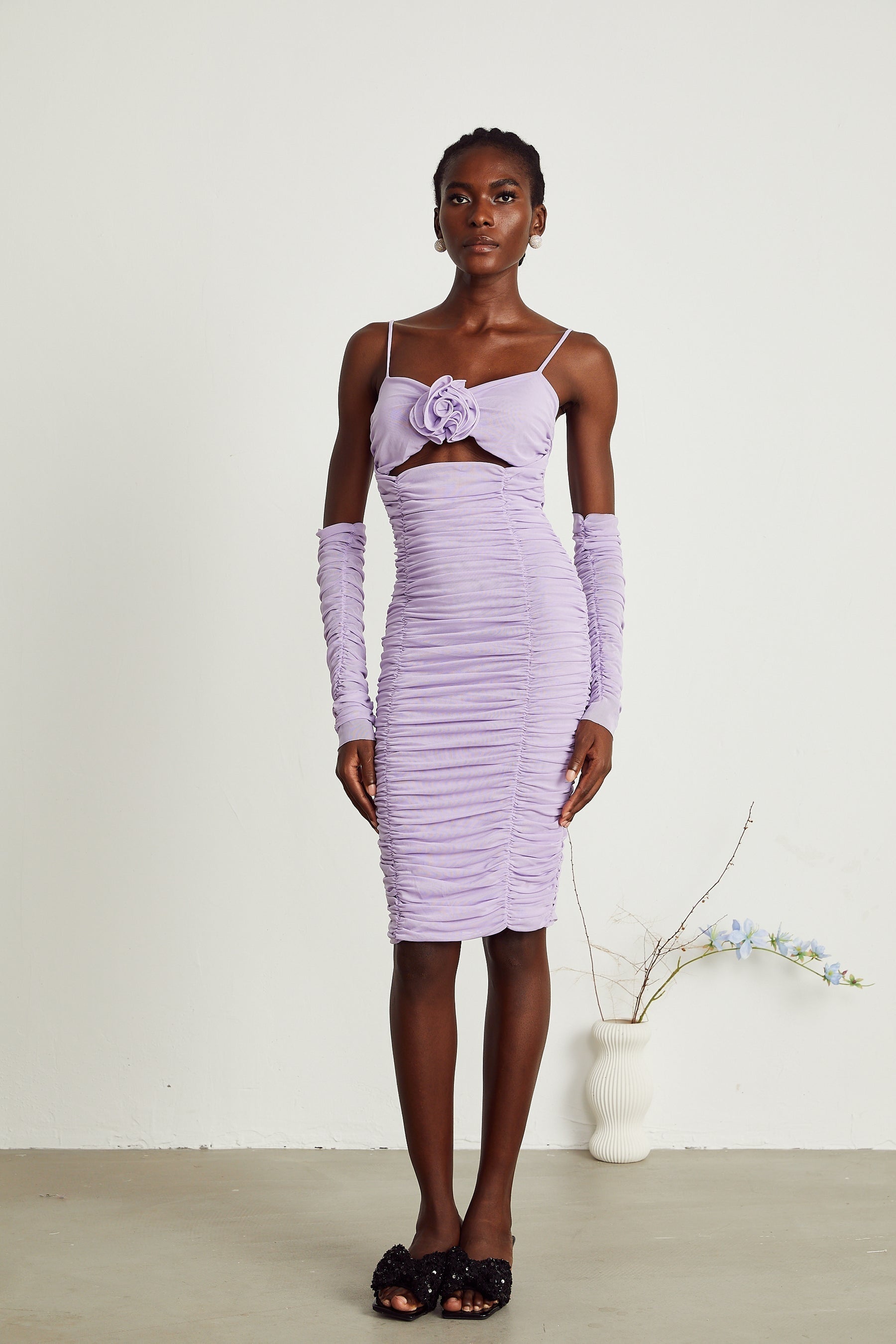 Annabelle purple fauxflower ruched midi dress