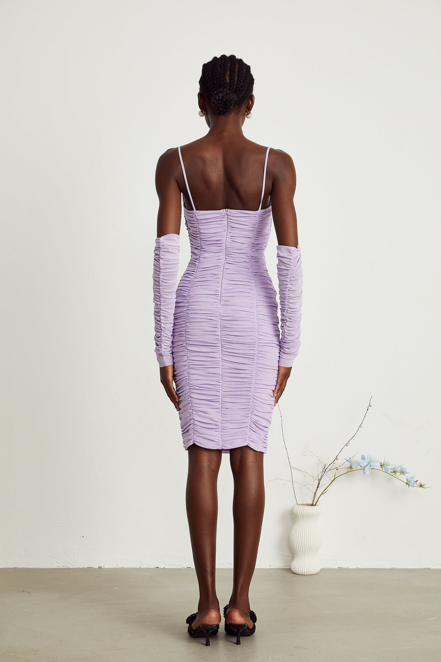 Annabelle purple fauxflower ruched midi dress