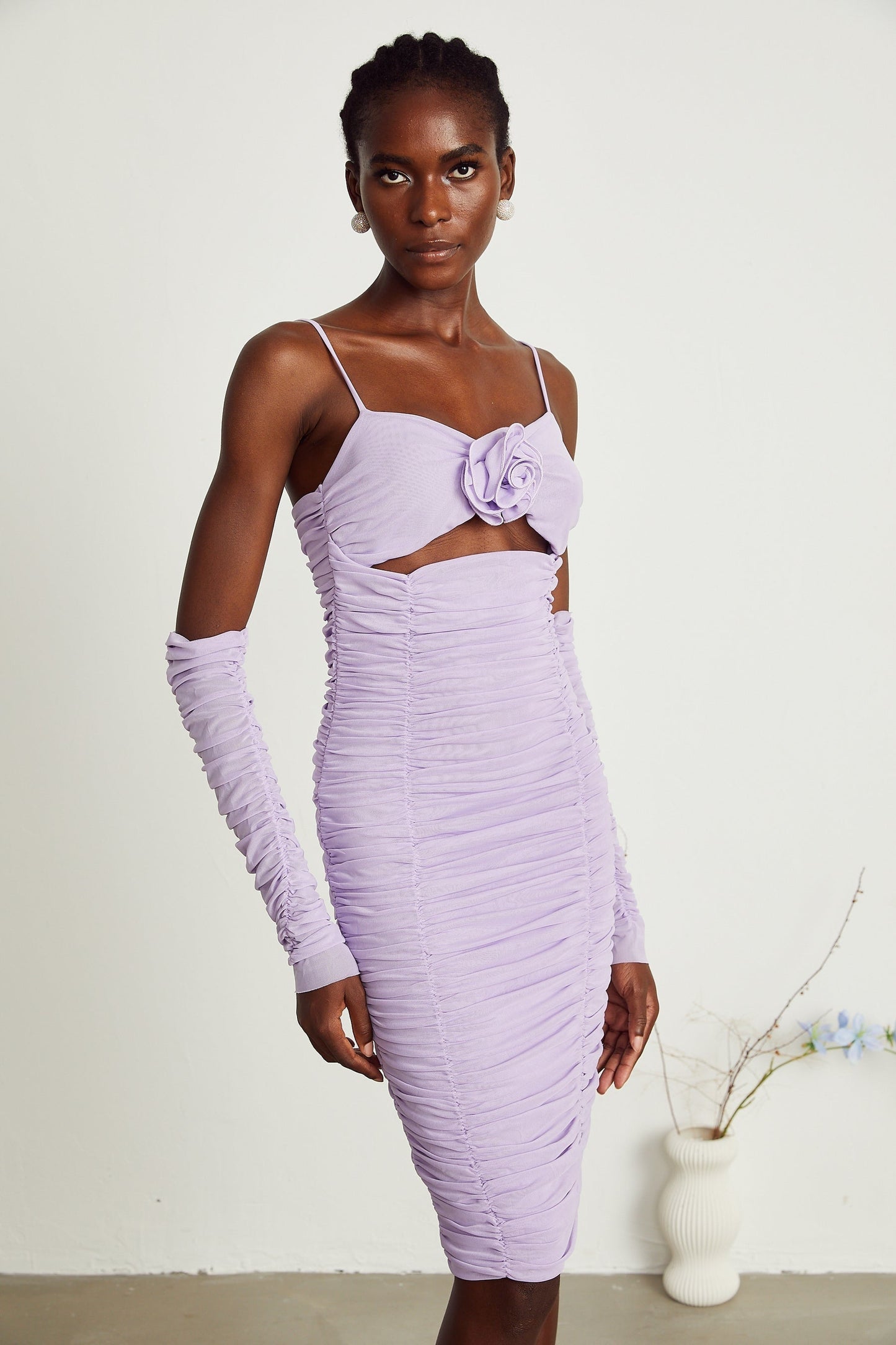 Annabelle purple fauxflower ruched midi dress