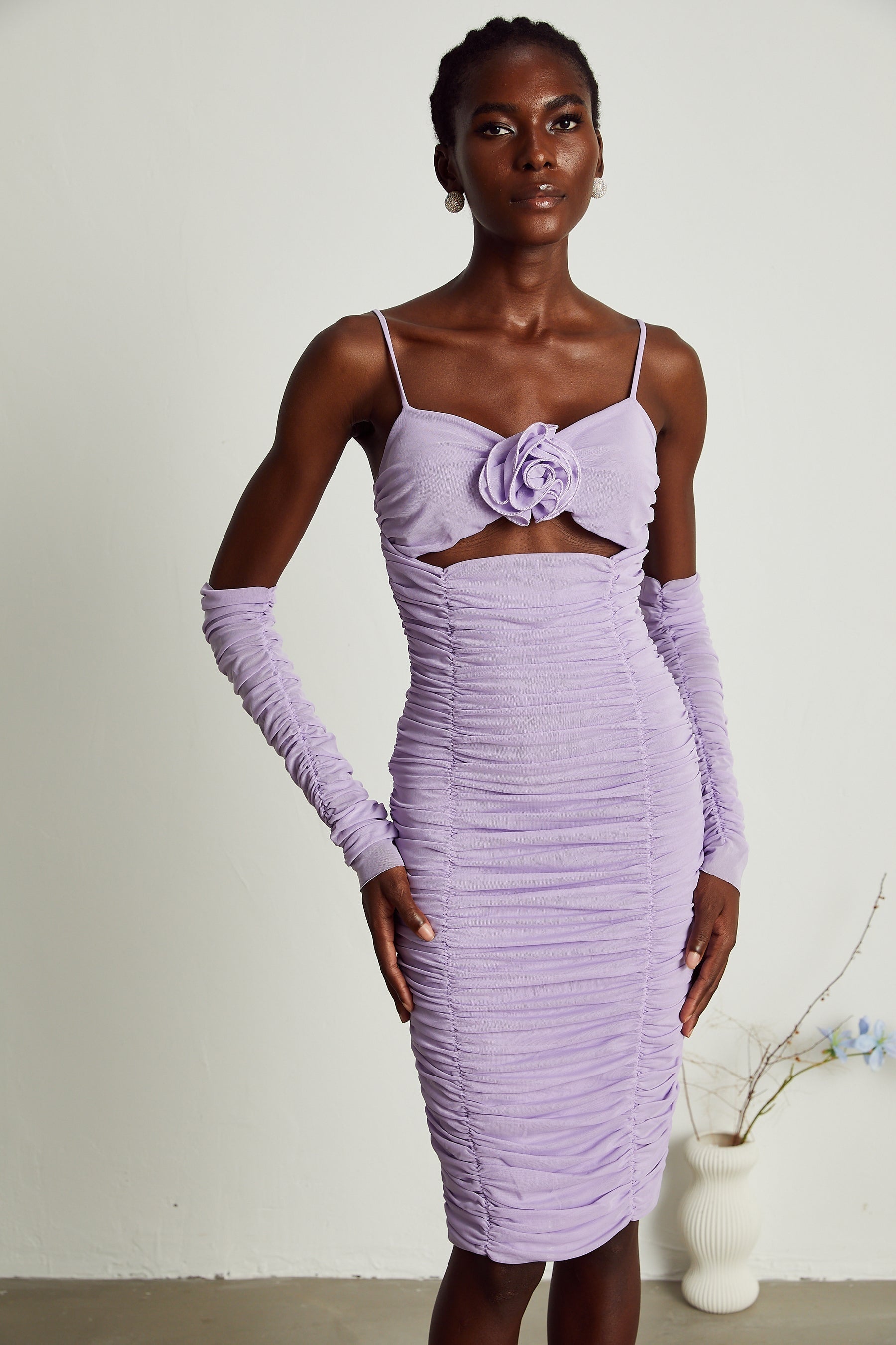 Annabelle purple fauxflower ruched midi dress