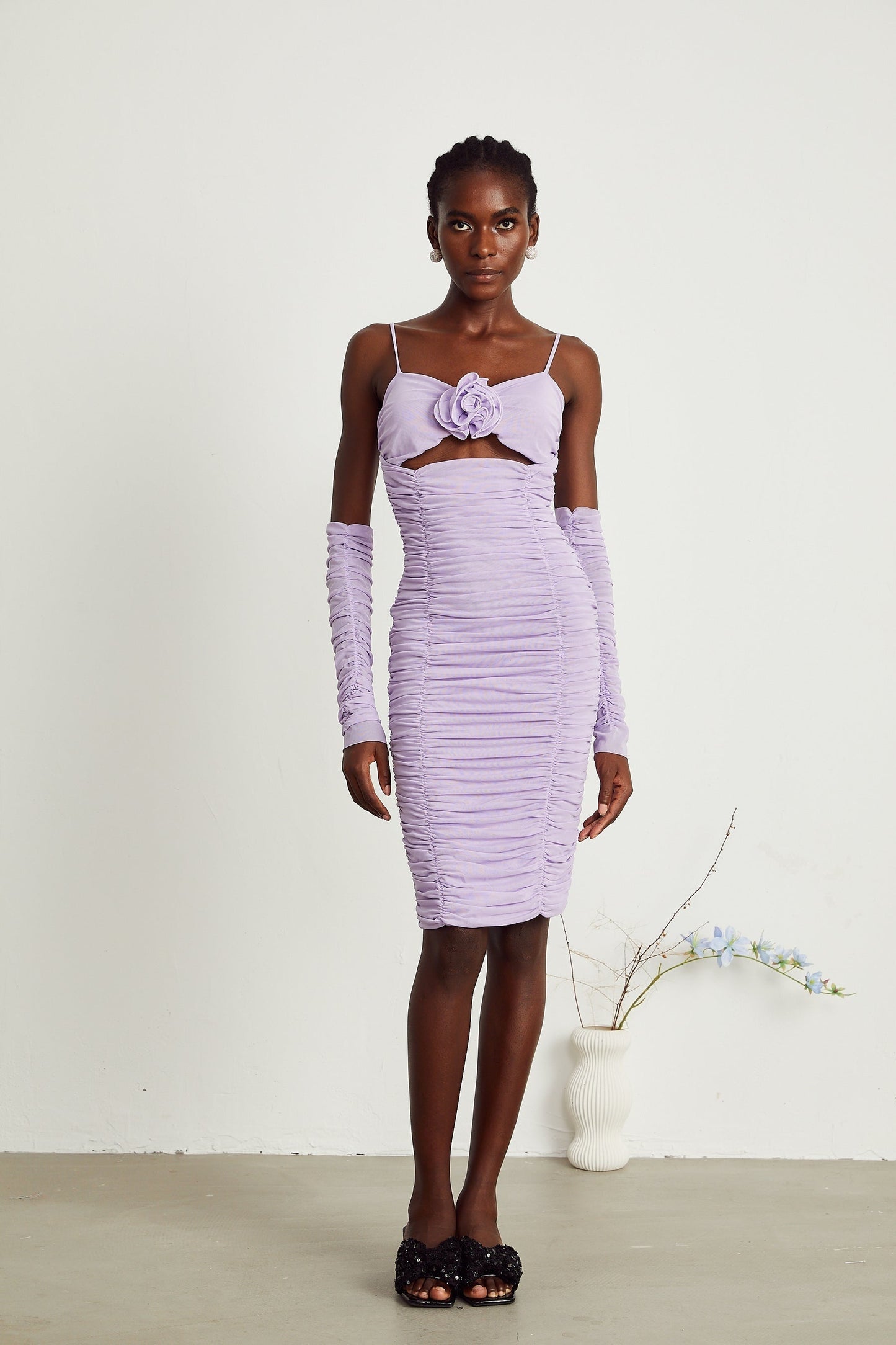 Annabelle purple fauxflower ruched midi dress