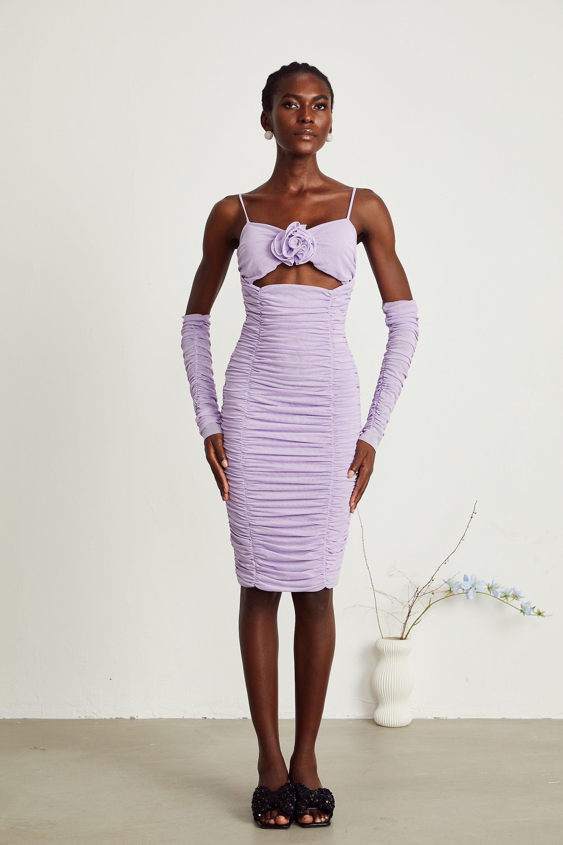 Annabelle purple fauxflower ruched midi dress