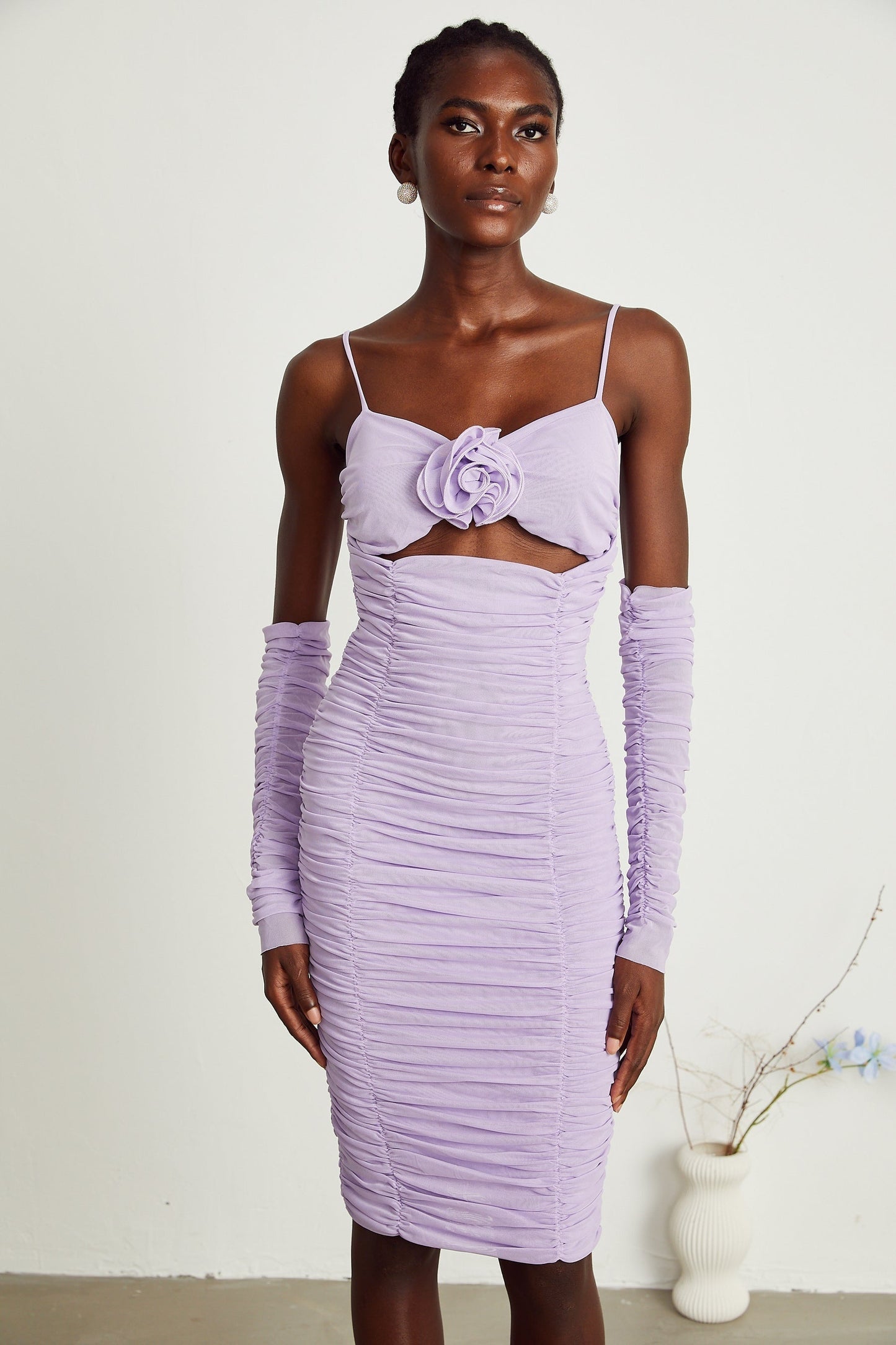 Annabelle purple fauxflower ruched midi dress