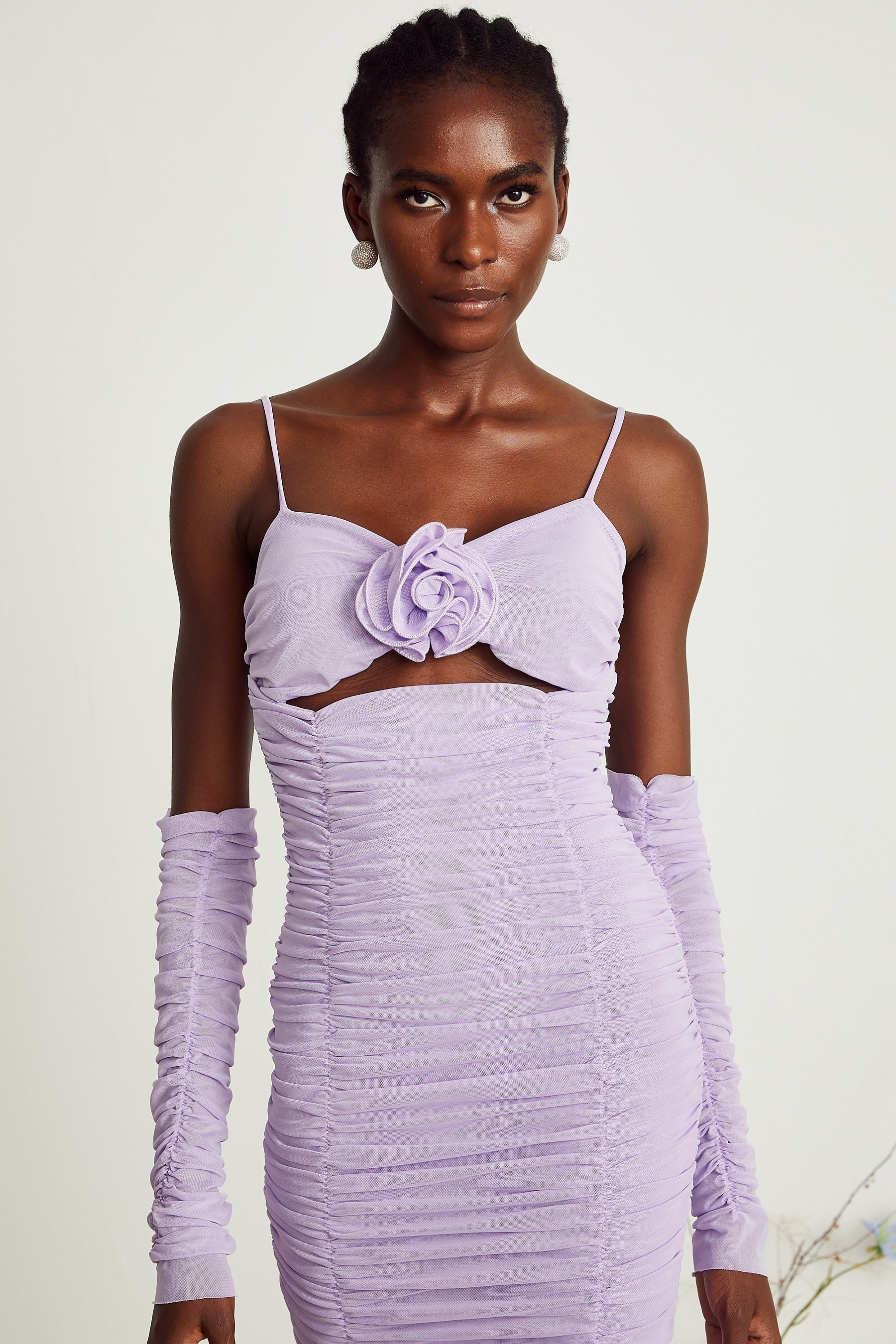 Annabelle purple fauxflower ruched midi dress