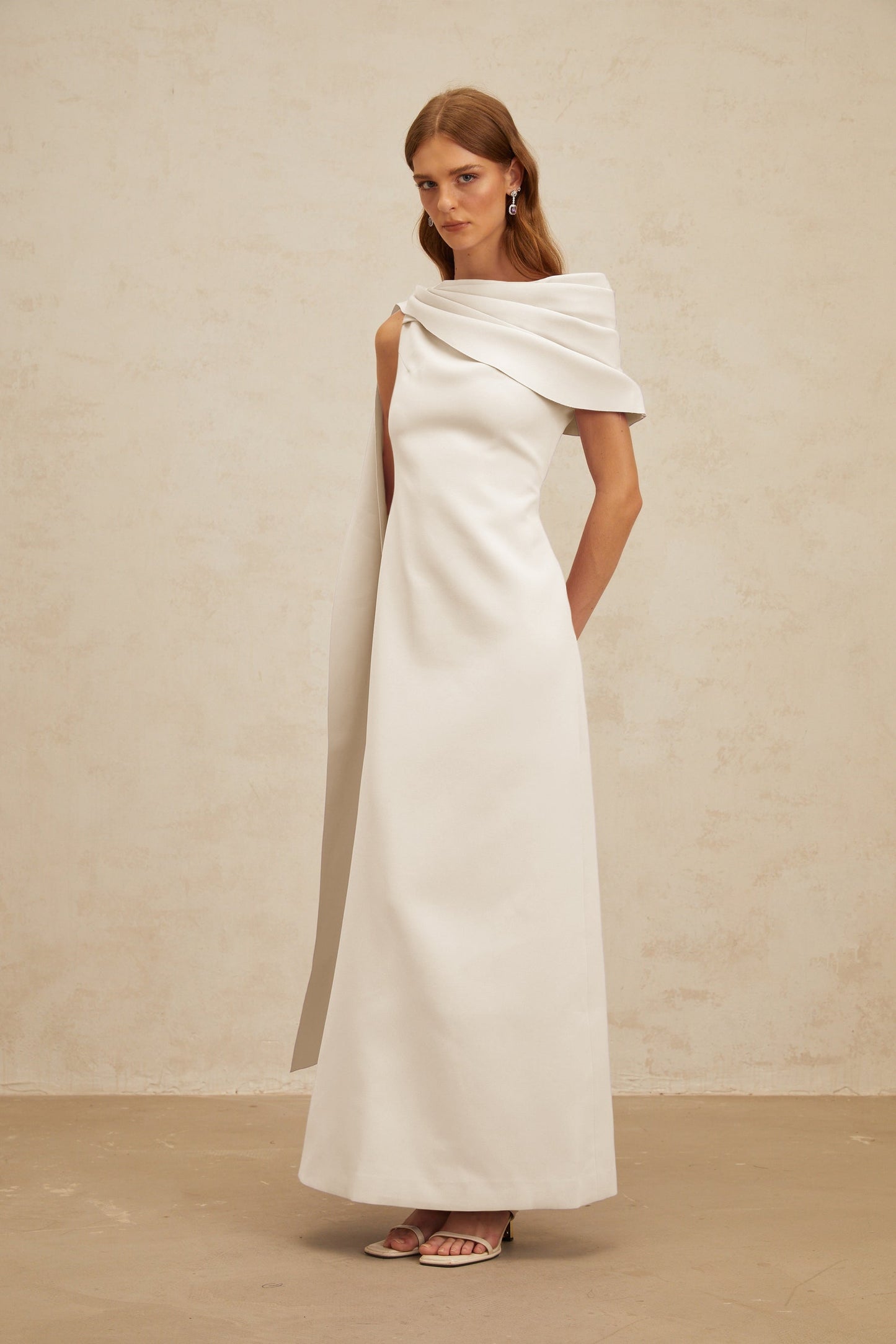 Annabelle White CapeDesign Ribbon Maxi Dress