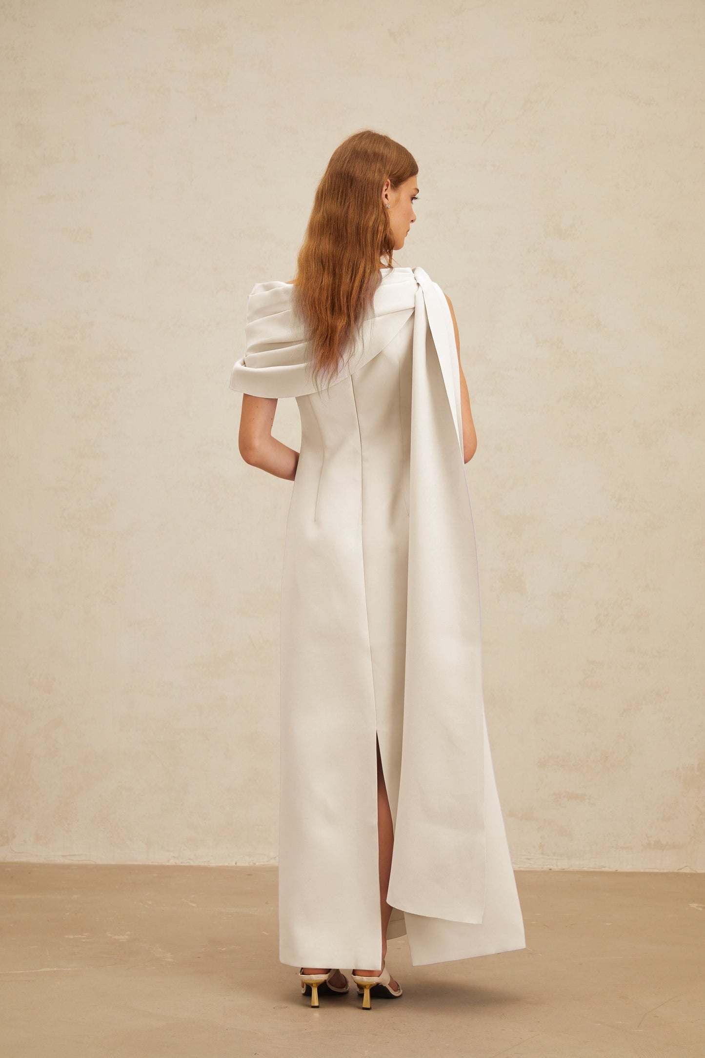 Annabelle White CapeDesign Ribbon Maxi Dress