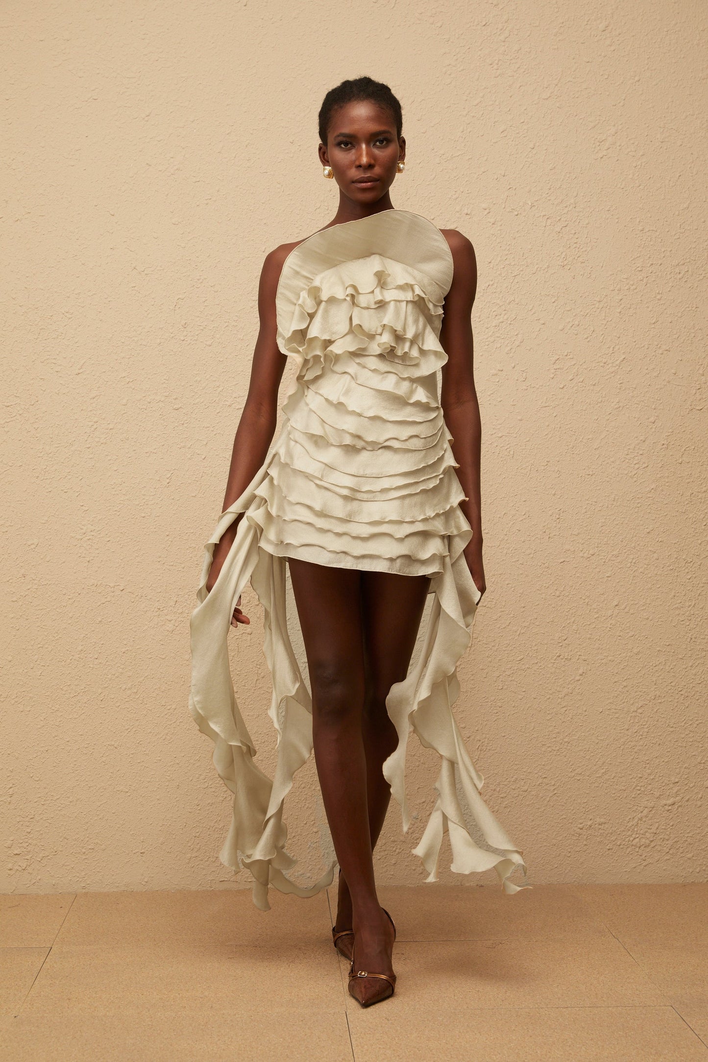 Anneli Neutral OffShoulder Ruffled Mini Dress