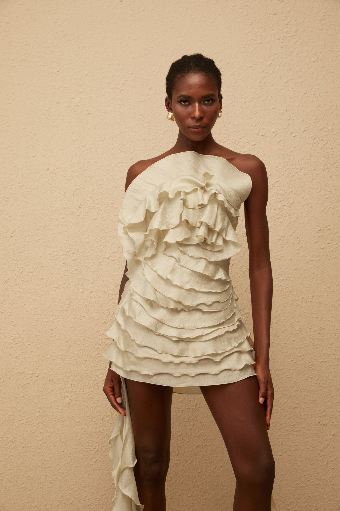 Anneli Neutral OffShoulder Ruffled Mini Dress