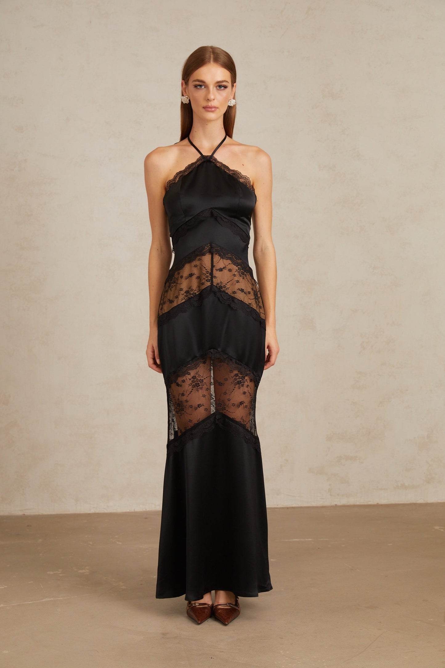 Anu Black Lace Panel Satin Maxi Gown
