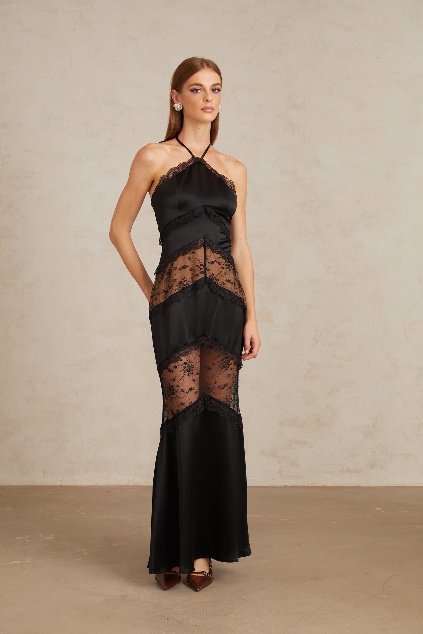 Anu Black Lace Panel Satin Maxi Gown
