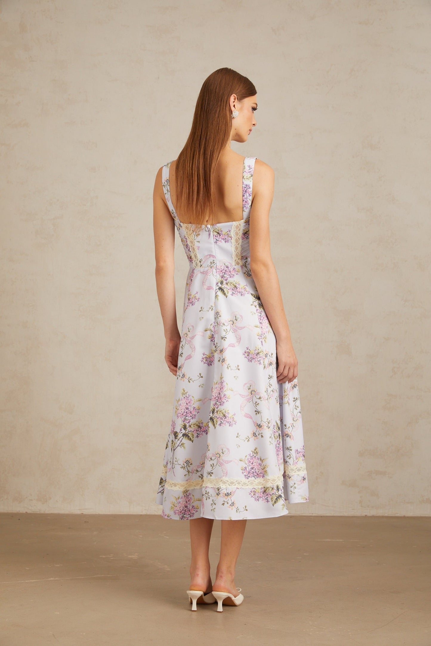 Apolline Lilac Lace Trim Floral Midi Dress