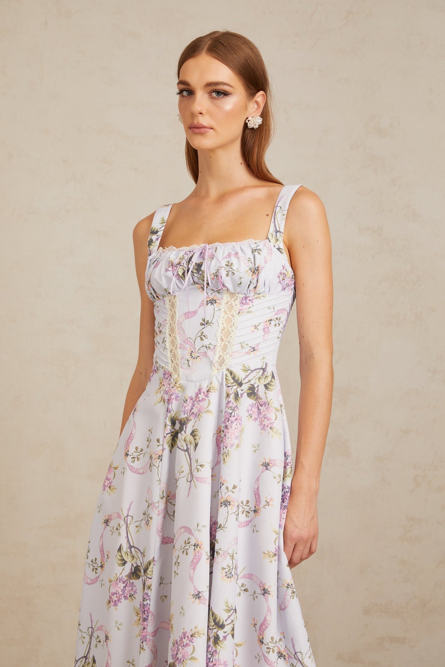 Apolline Lilac Lace Trim Floral Midi Dress