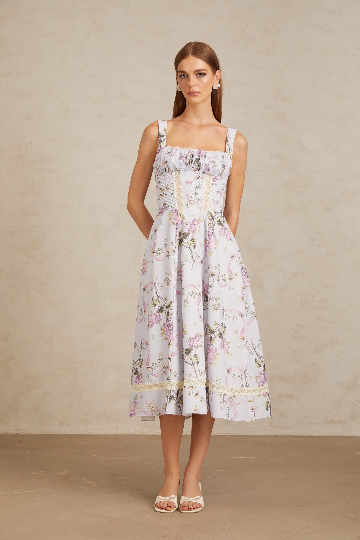 Apolline Lilac Lace Trim Floral Midi Dress