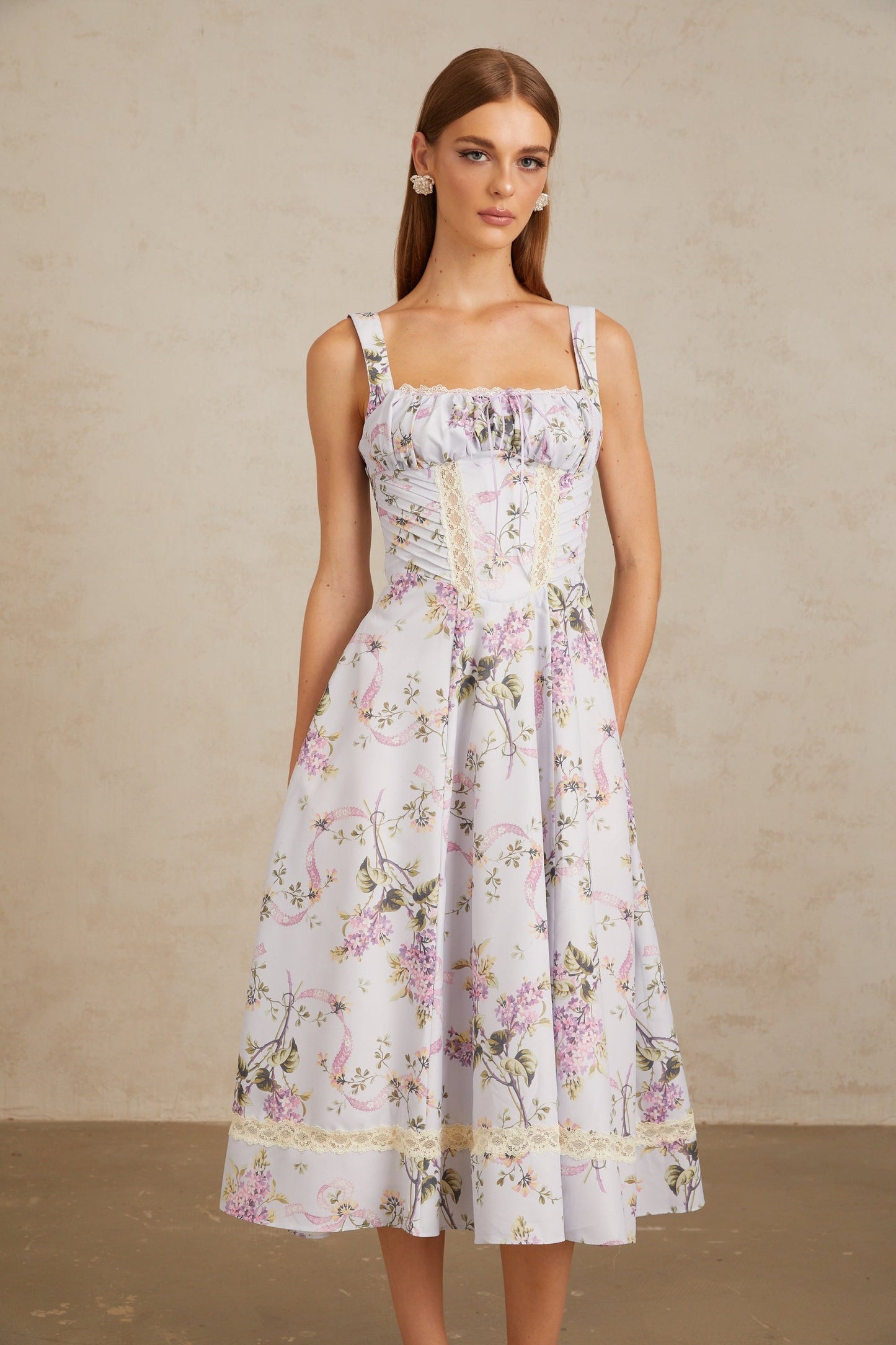 Apolline Lilac Lace Trim Floral Midi Dress