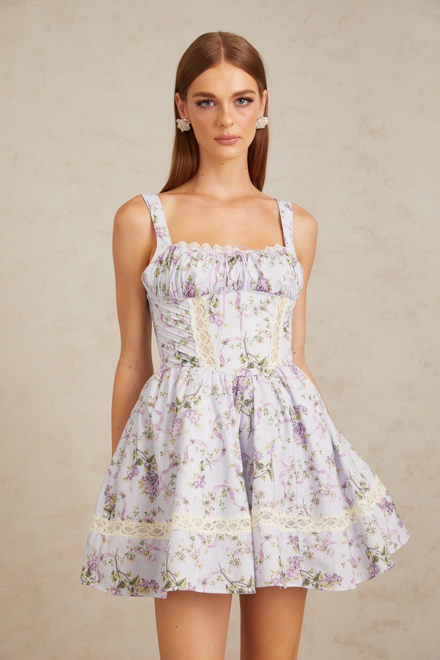Apolline Lilac Lace Trim Floral Mini Dress