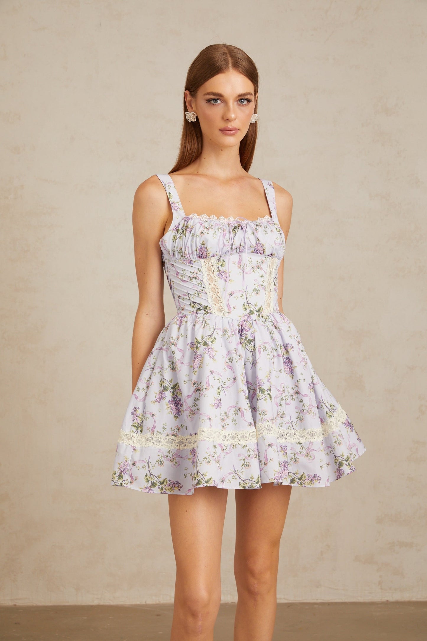 Apolline Lilac Lace Trim Floral Mini Dress