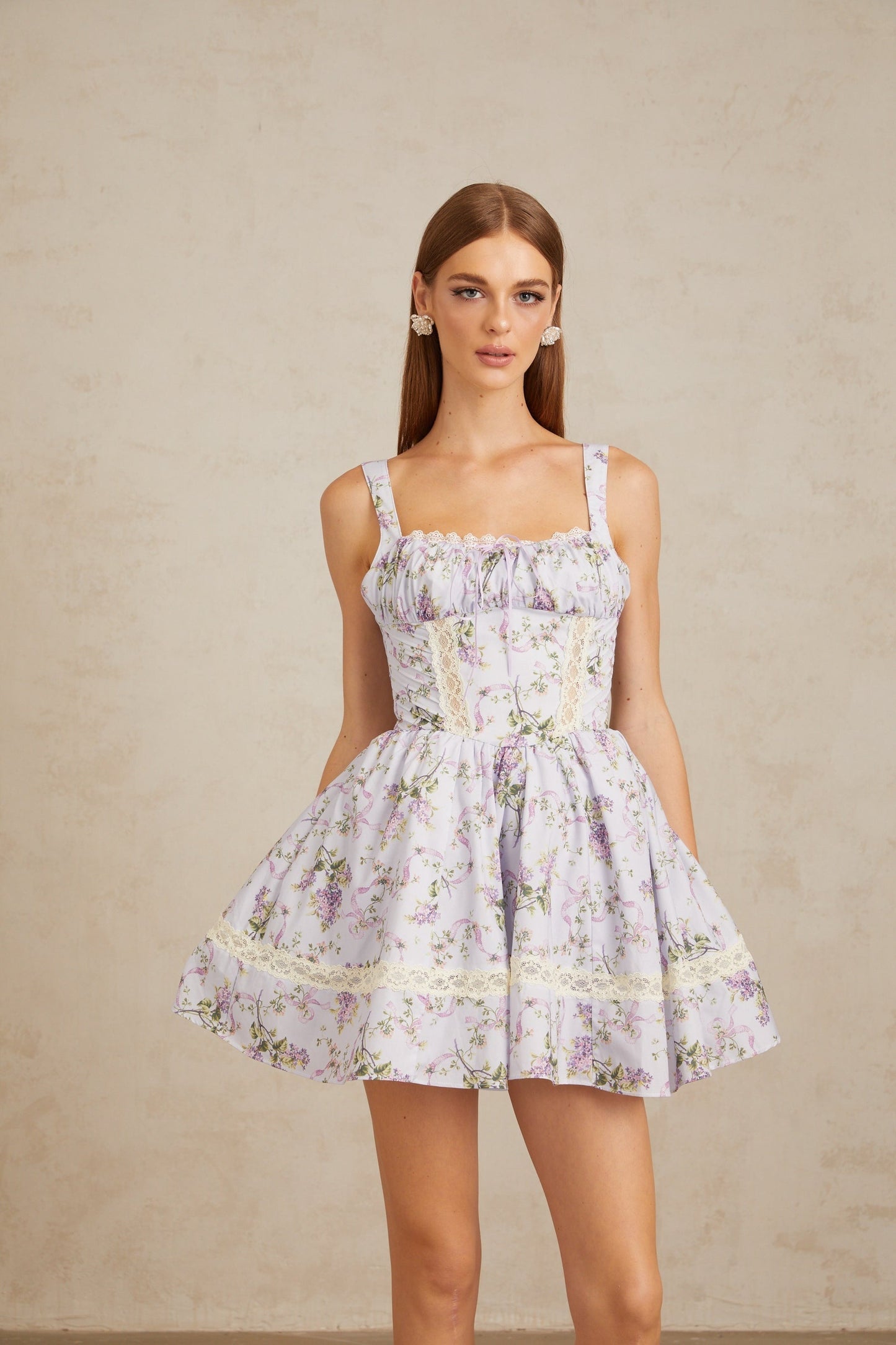 Apolline Lilac Lace Trim Floral Mini Dress