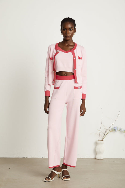 Ariane pink knitted cardigan  vest top  trousers matching set
