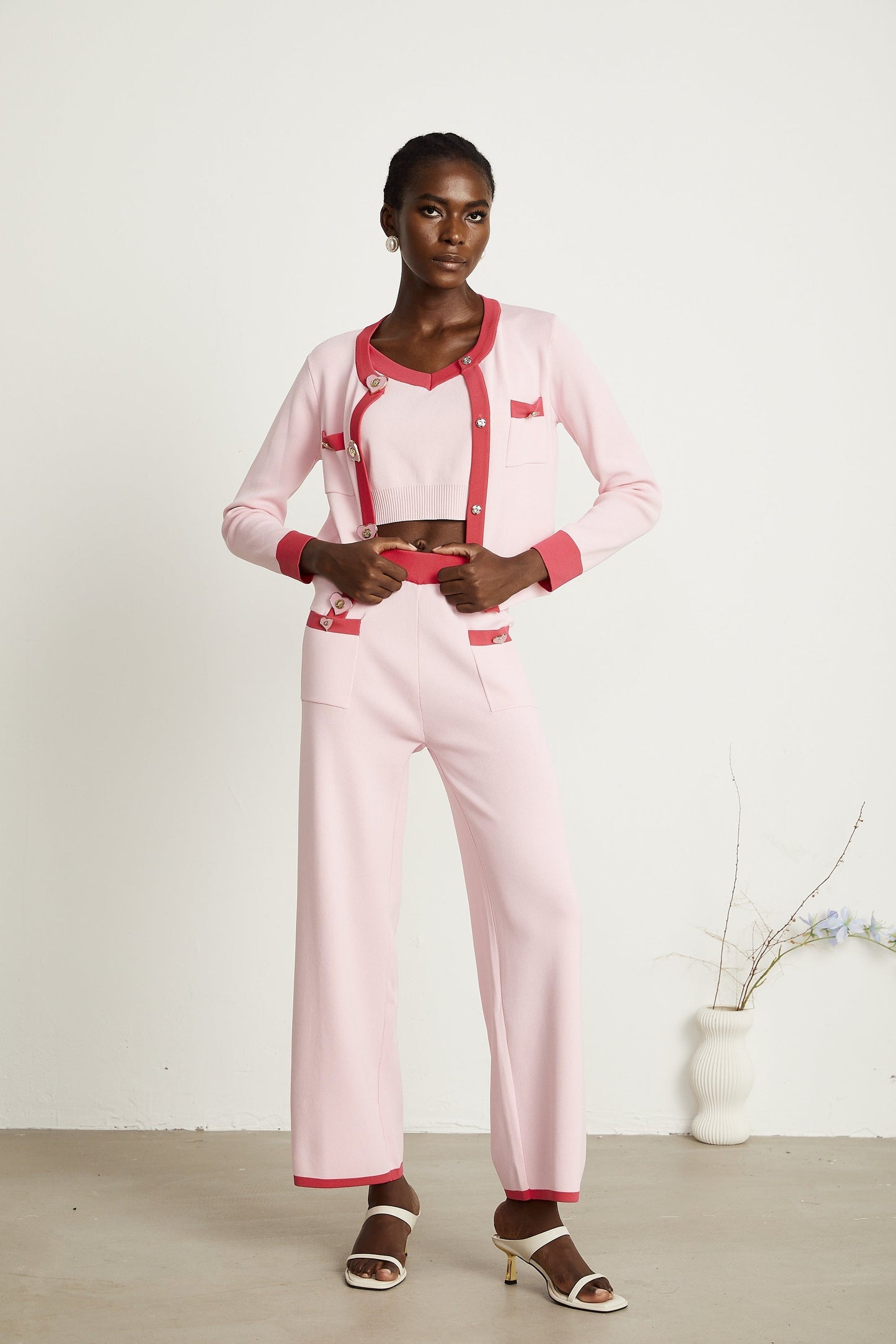 Ariane pink knitted cardigan vest top trousers matching set