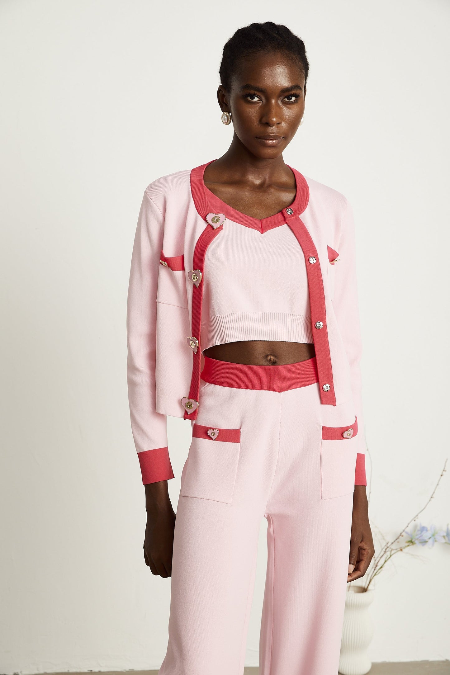 Ariane pink knitted cardigan vest top trousers matching set