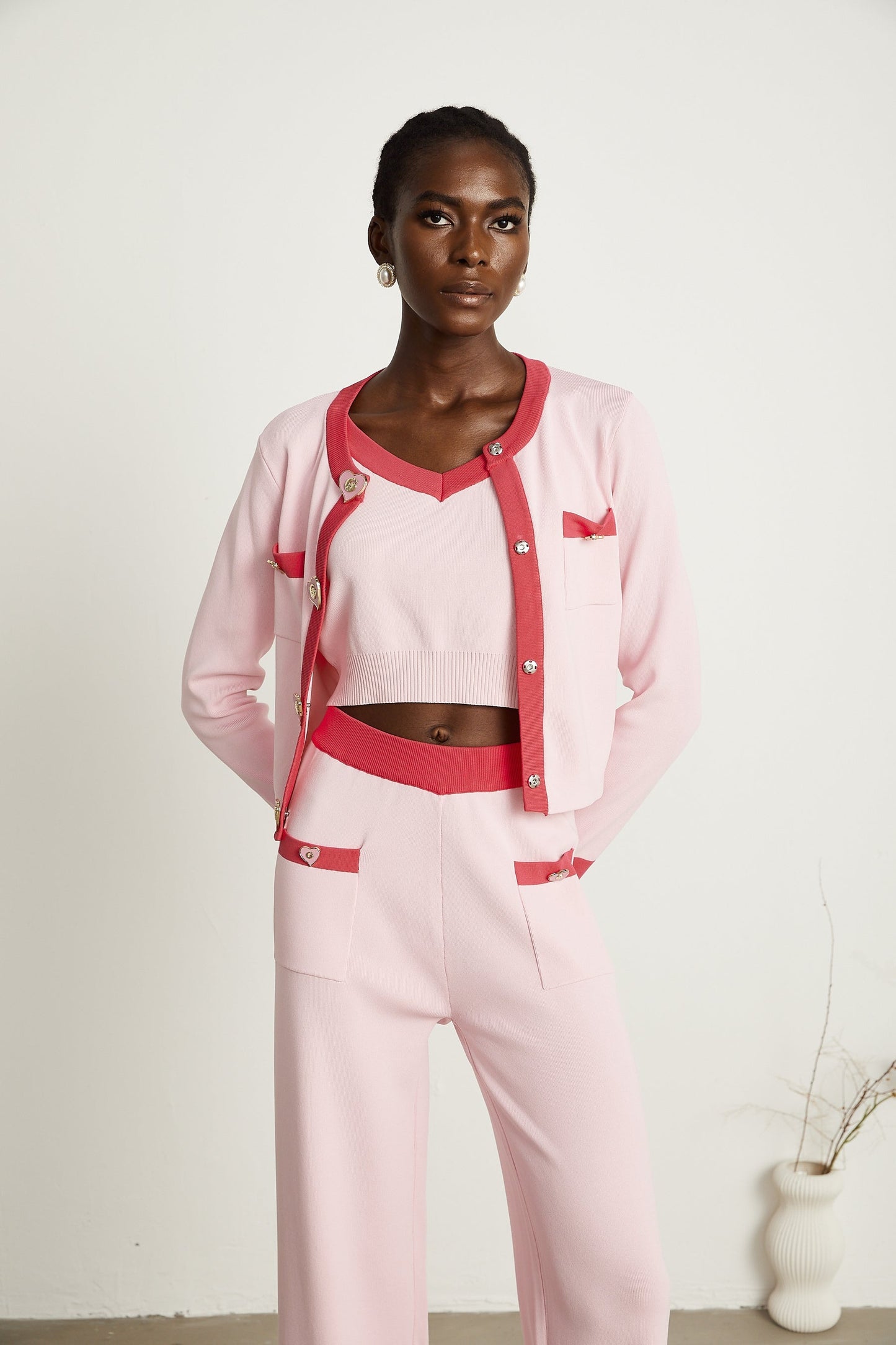 Ariane pink knitted cardigan vest top trousers matching set