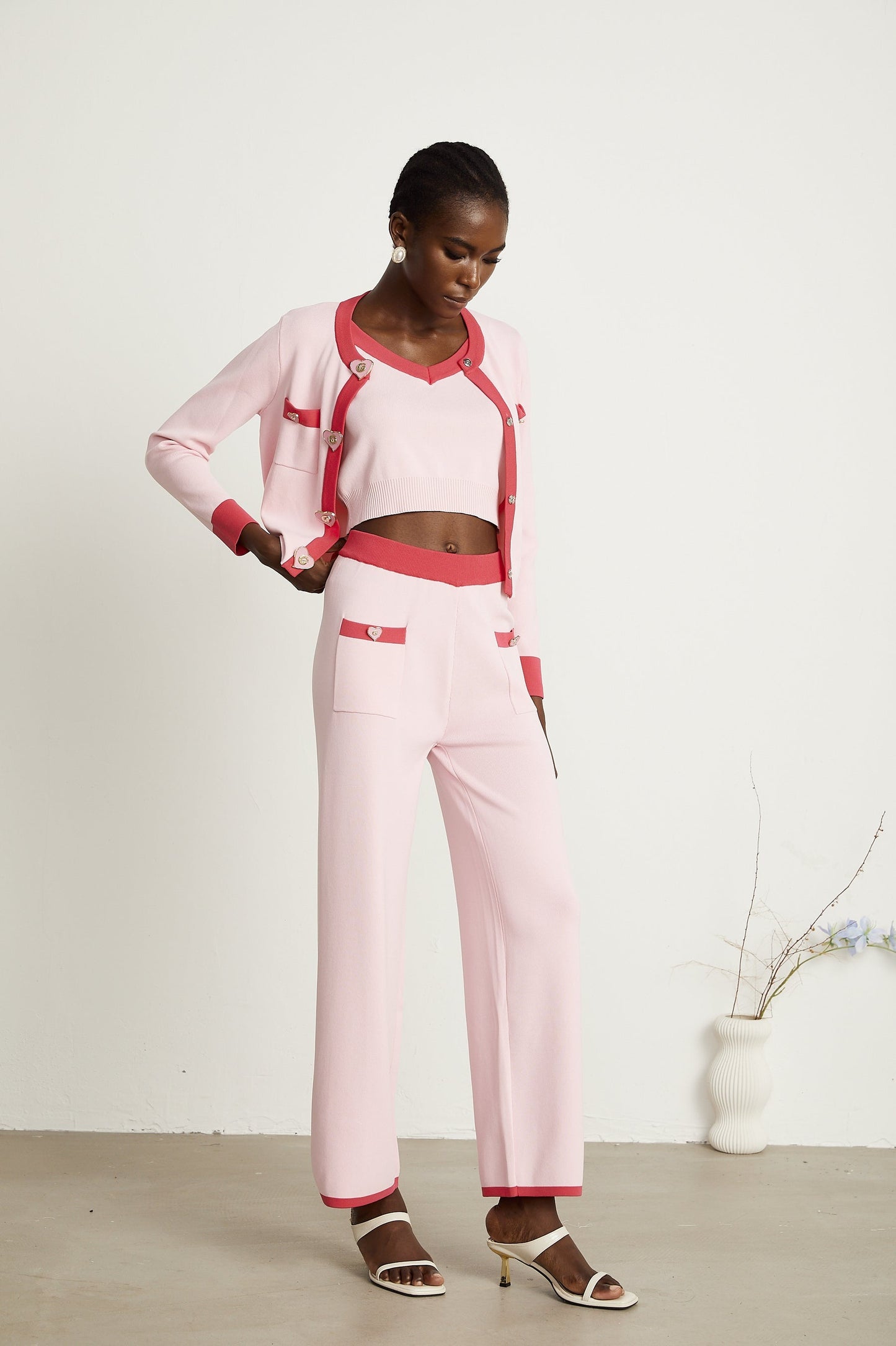 Ariane pink knitted cardigan vest top trousers matching set
