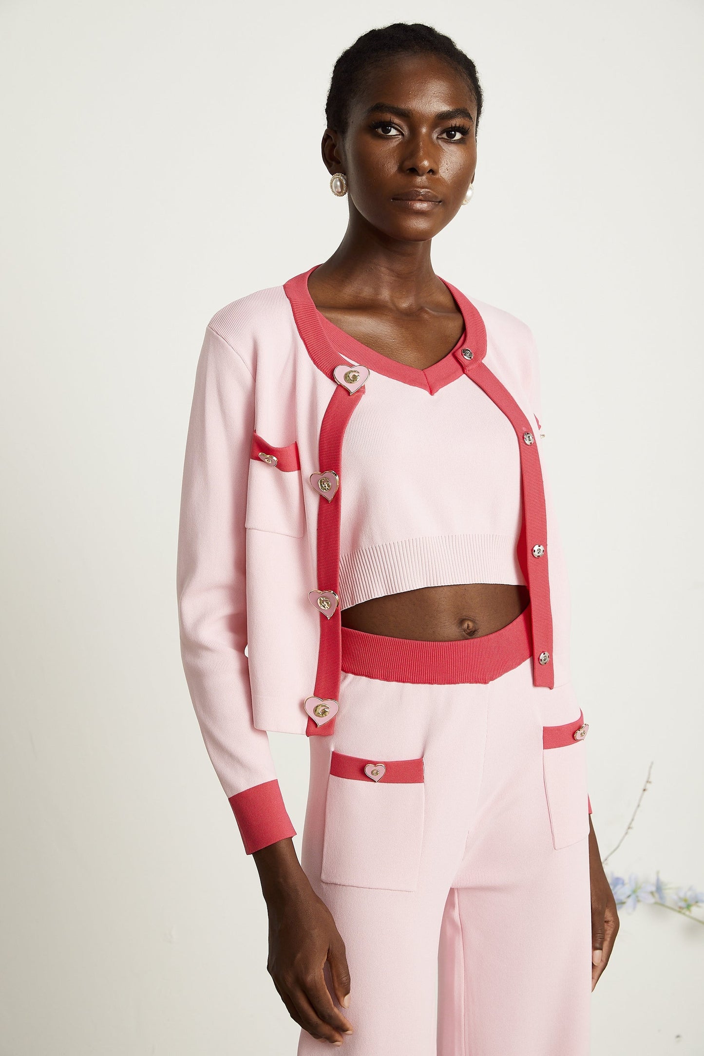 Ariane pink knitted cardigan vest top trousers matching set