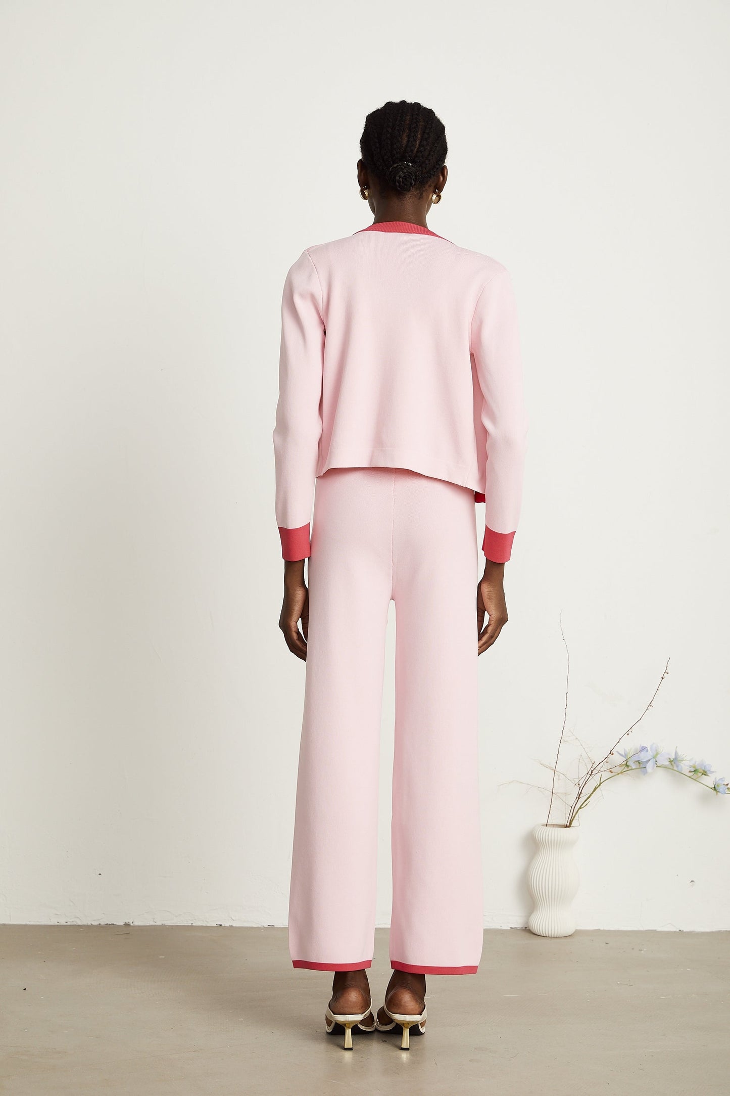 Ariane pink knitted cardigan vest top trousers matching set