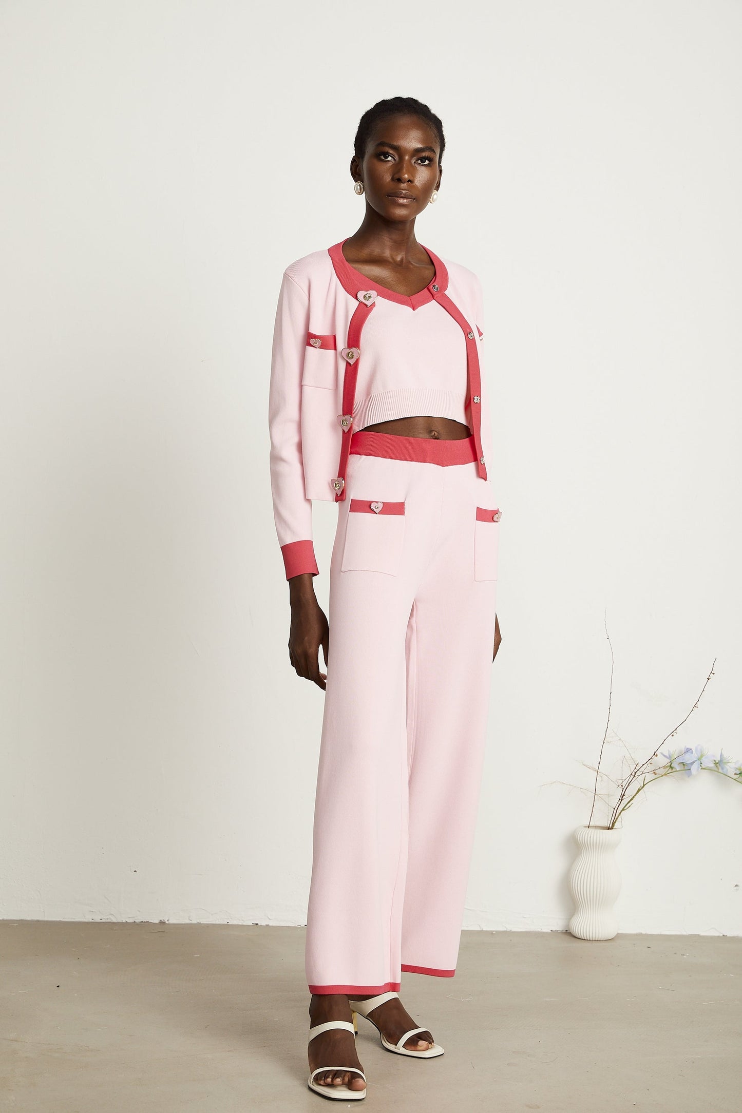 Ariane pink knitted cardigan vest top trousers matching set