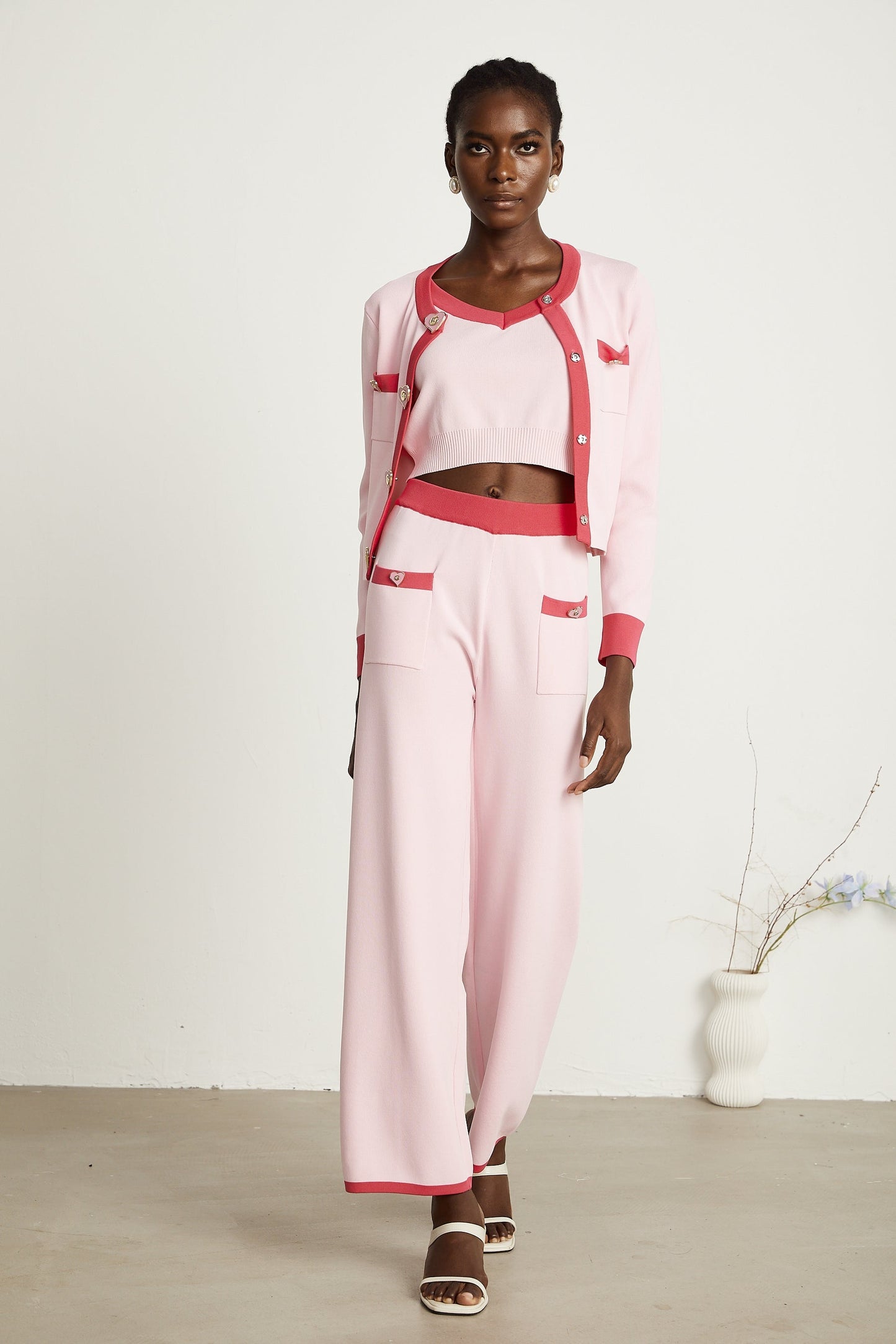 Ariane pink knitted cardigan vest top trousers matching set