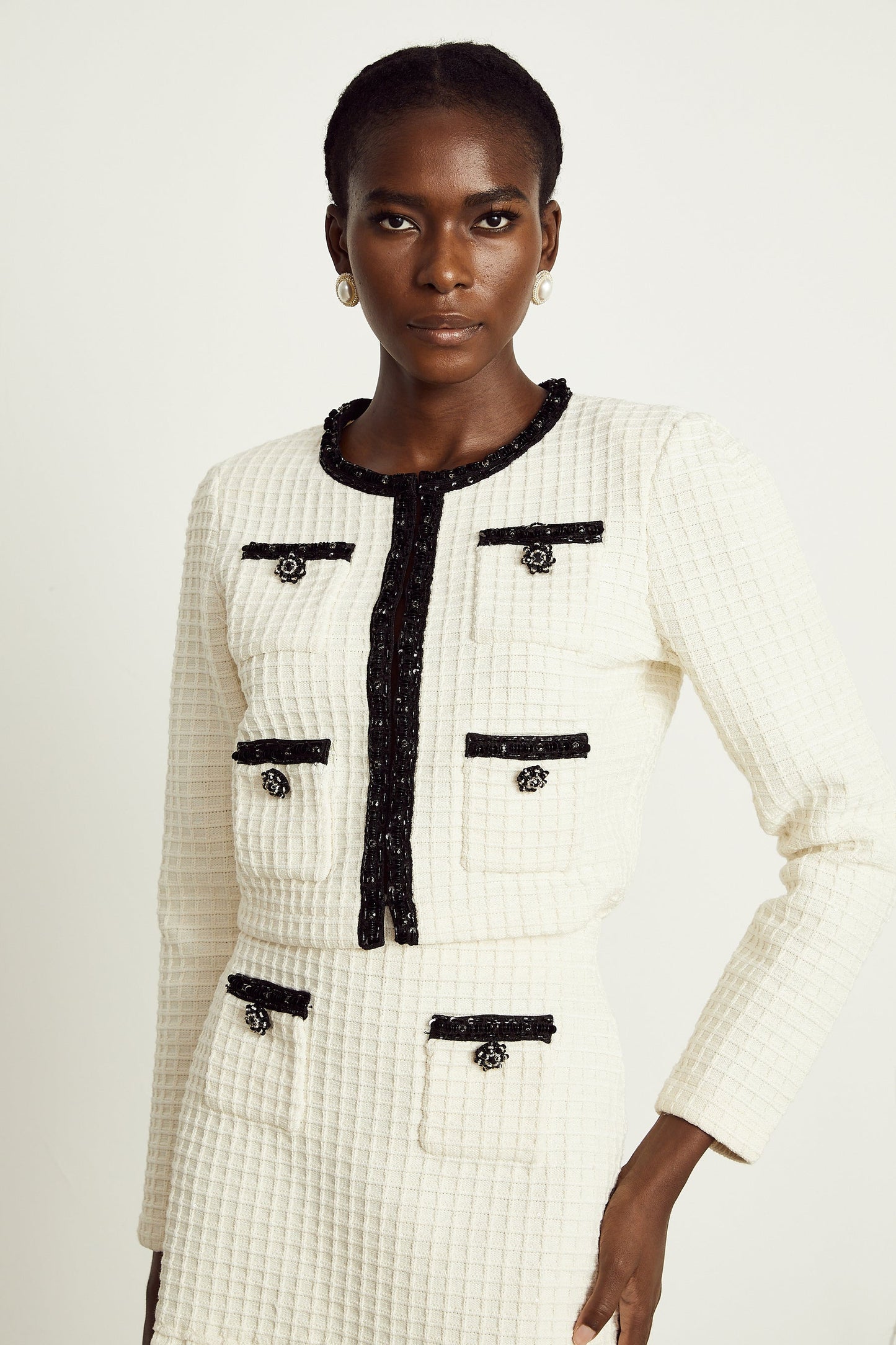 Audrey white waffleknit jacket skirt matching set