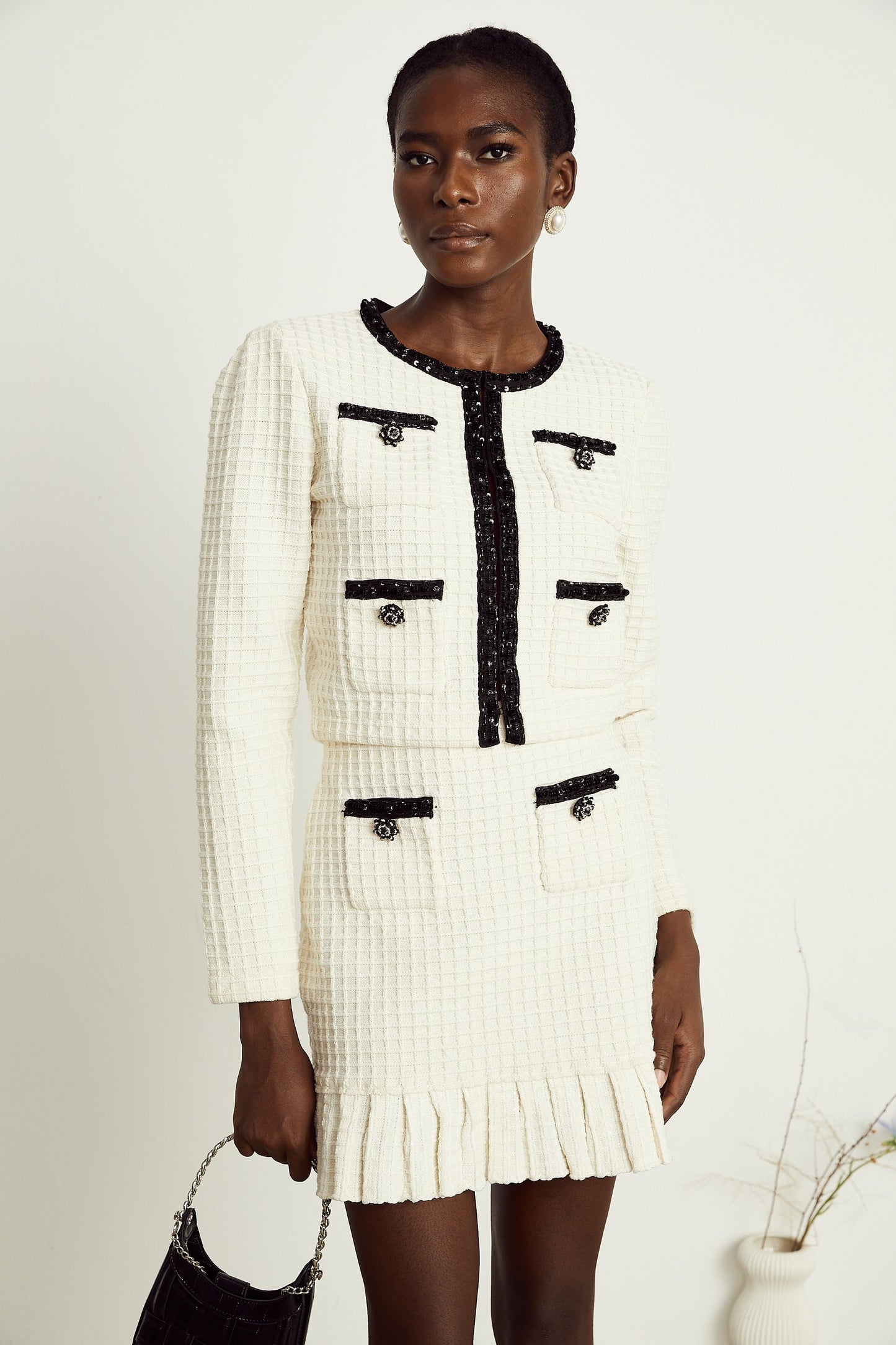 Audrey white waffleknit jacket skirt matching set