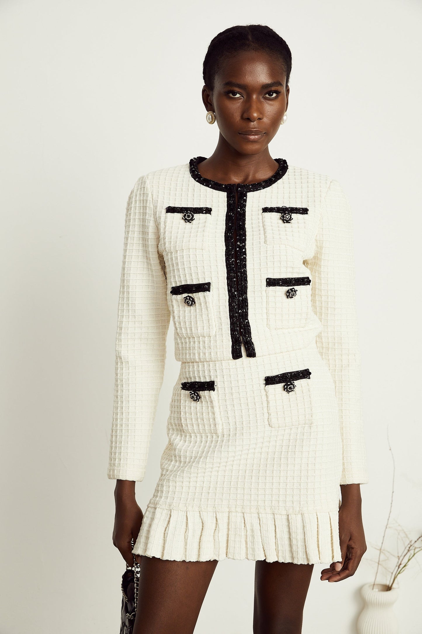 Audrey white waffleknit jacket skirt matching set