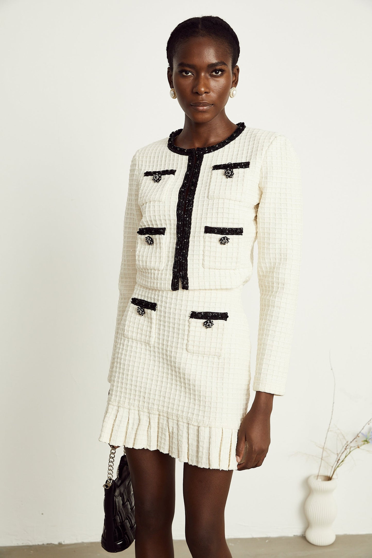 Audrey white waffleknit jacket skirt matching set