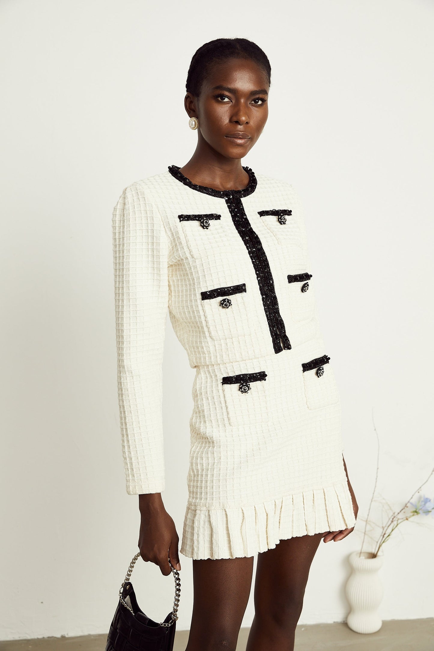 Audrey white waffleknit jacket skirt matching set