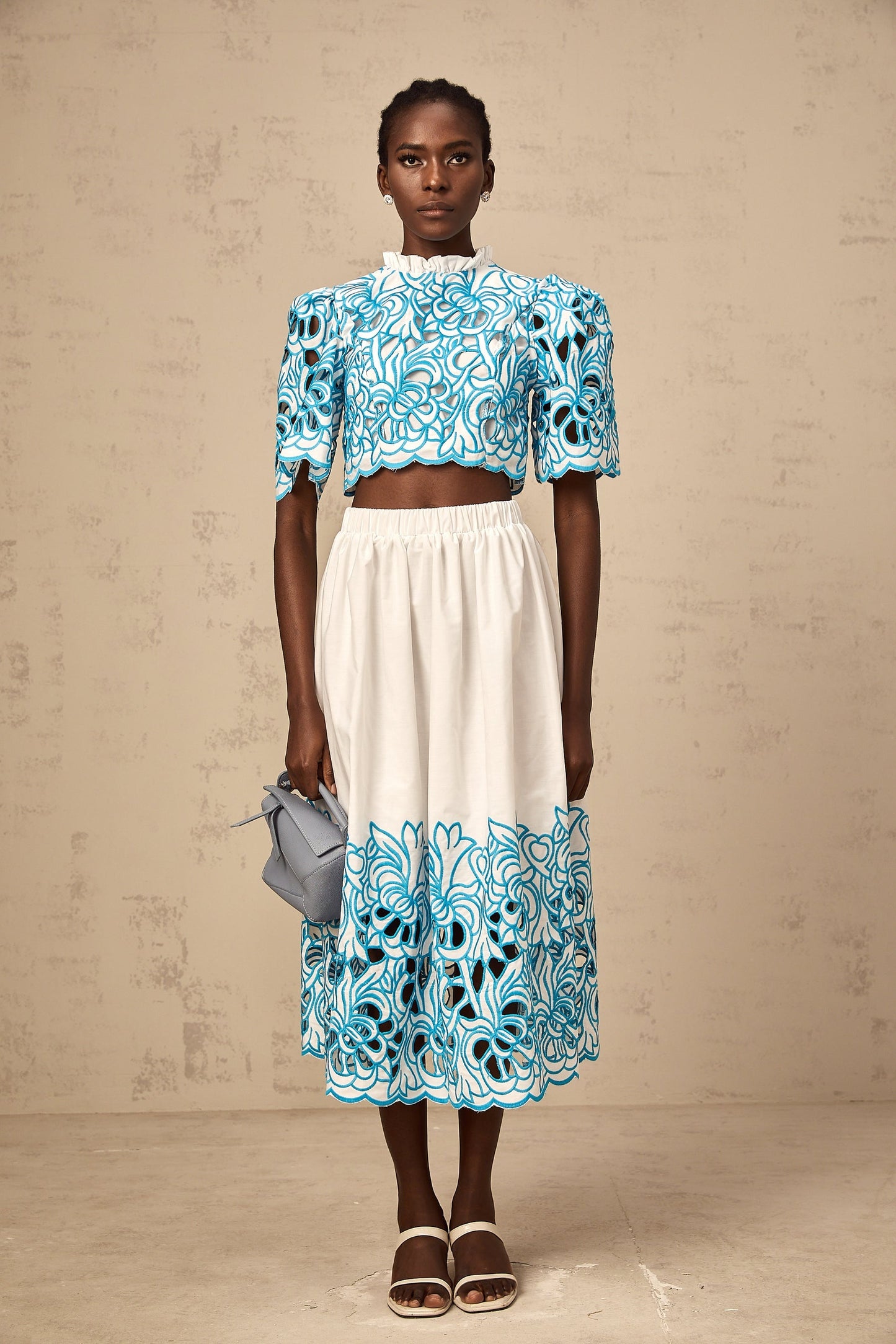 Aurore blue cutout embroidered top skirt matching set