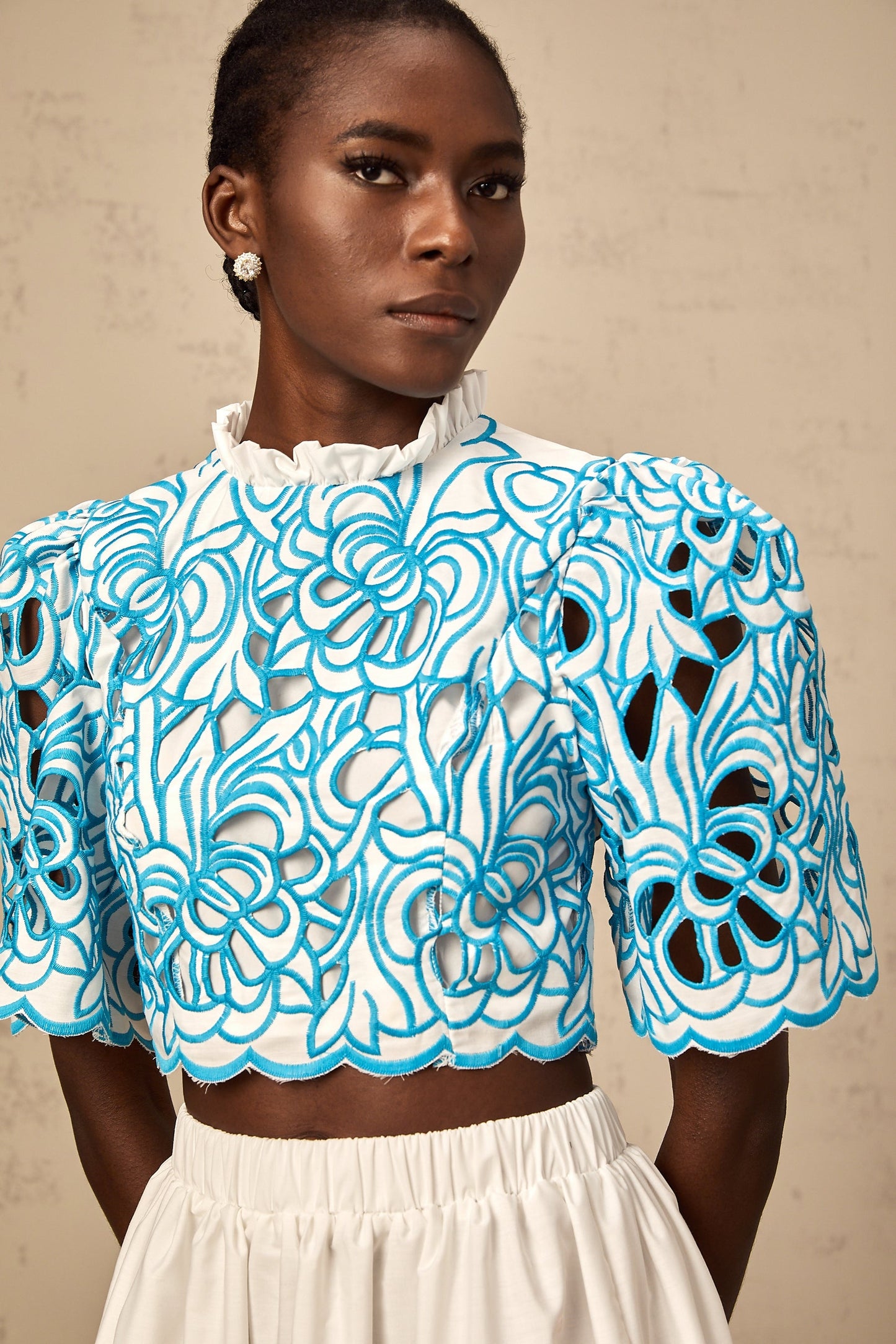 Aurore blue cutout embroidered top skirt matching set