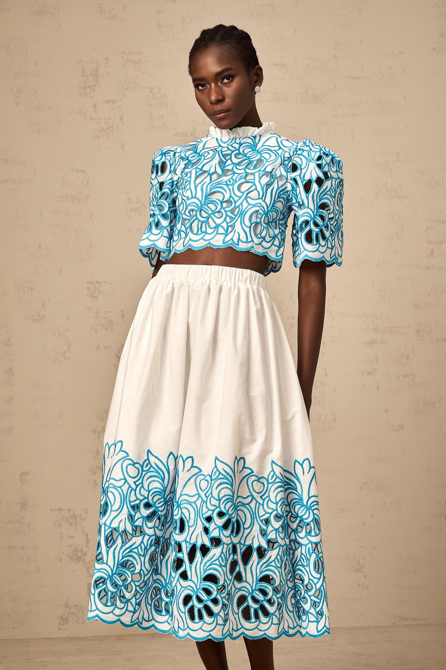 Aurore blue cutout embroidered top skirt matching set
