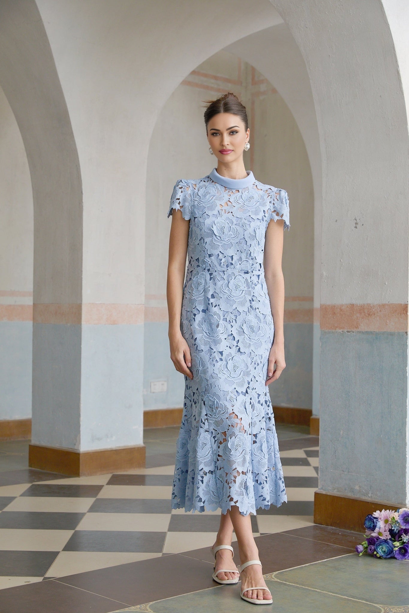 Aurore blue midi dress with delicate floral lace applique detailing